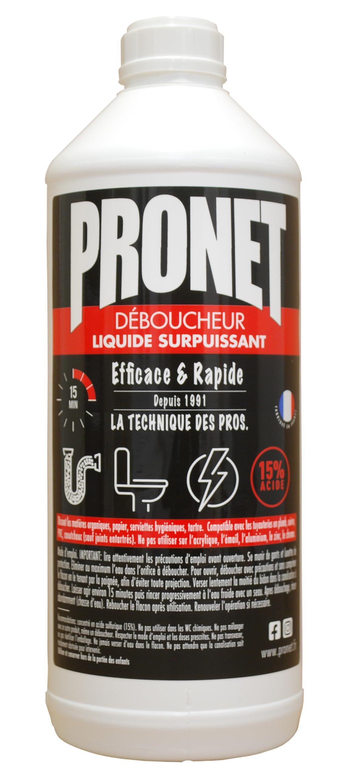 PRONET - Déboucheur Canalisations Liquide Surpuissant - Action choc 15min - Spécial WC et grosses canalisations - Décolmate et désengorge - Compatible fosse septique - 1 L