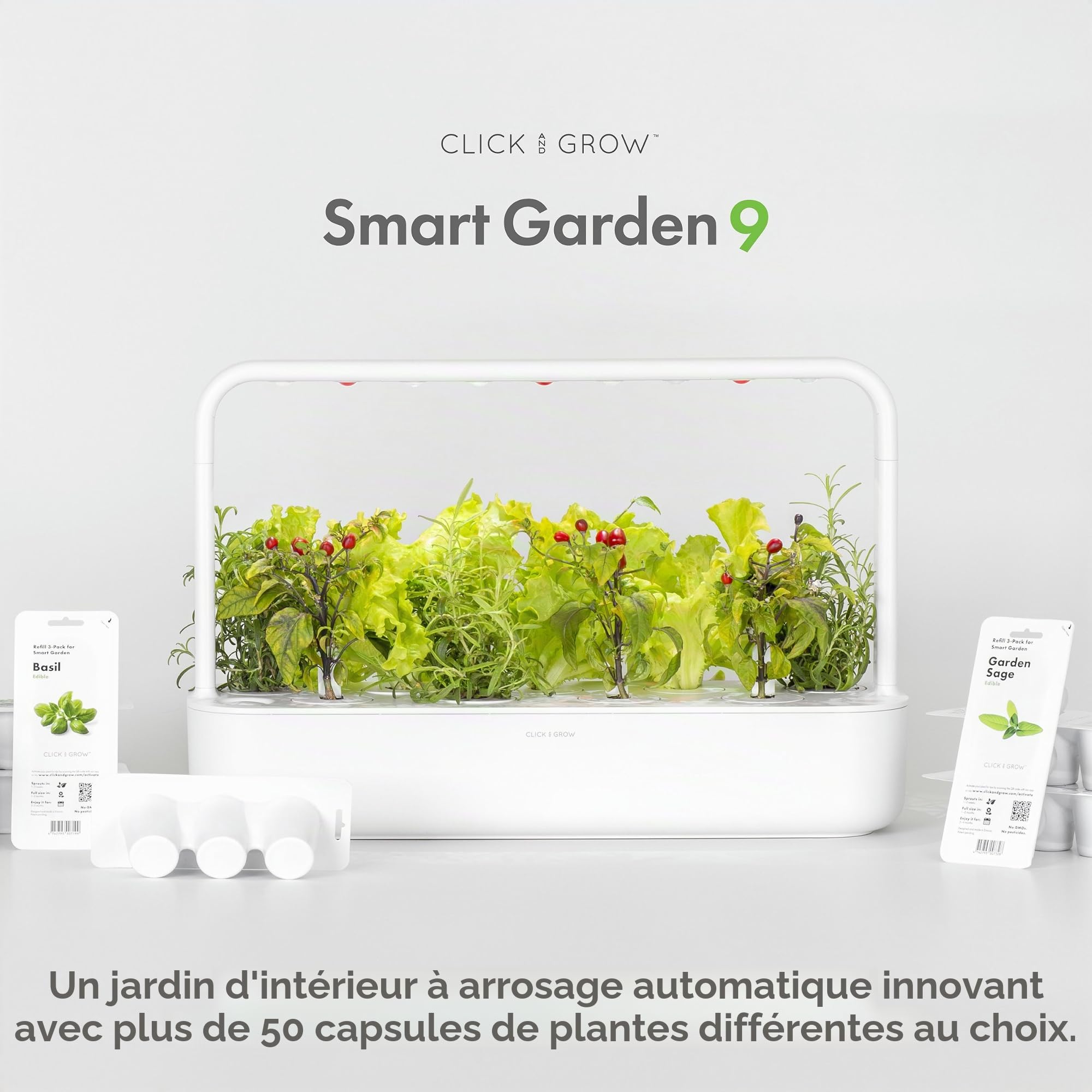 Click & Grow Smart Garden, Potager Intérieur Connecté Avec 9 Capsules Prêtes à Pousser, Éclairage et Arrosage Automatiques, Plus Facile que la Culture Hydroponique | Hydroponique Simplifié. Éclairage et Arrosage Automatiques. Kit complet (basilic, tomate,