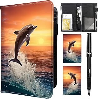 Server Book for Waitress with Everlasting Pencil,Money Pocket Leather Wallet Booklet,Guest Check Receipt Holder Presenters,Waiter Accessories Fit Server Apron 5.5" X 9"-Dolphins Jumping at Dusk