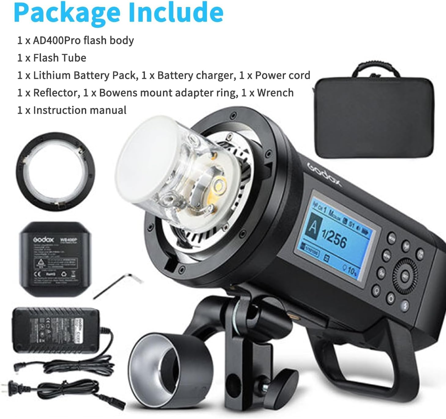 Godox AD400Pro All-in-One Flash Strobe al aire libre, 400W 2.4G TTL Speedlite portátil con batería y AC / DC alimentado con Bowens y Godox