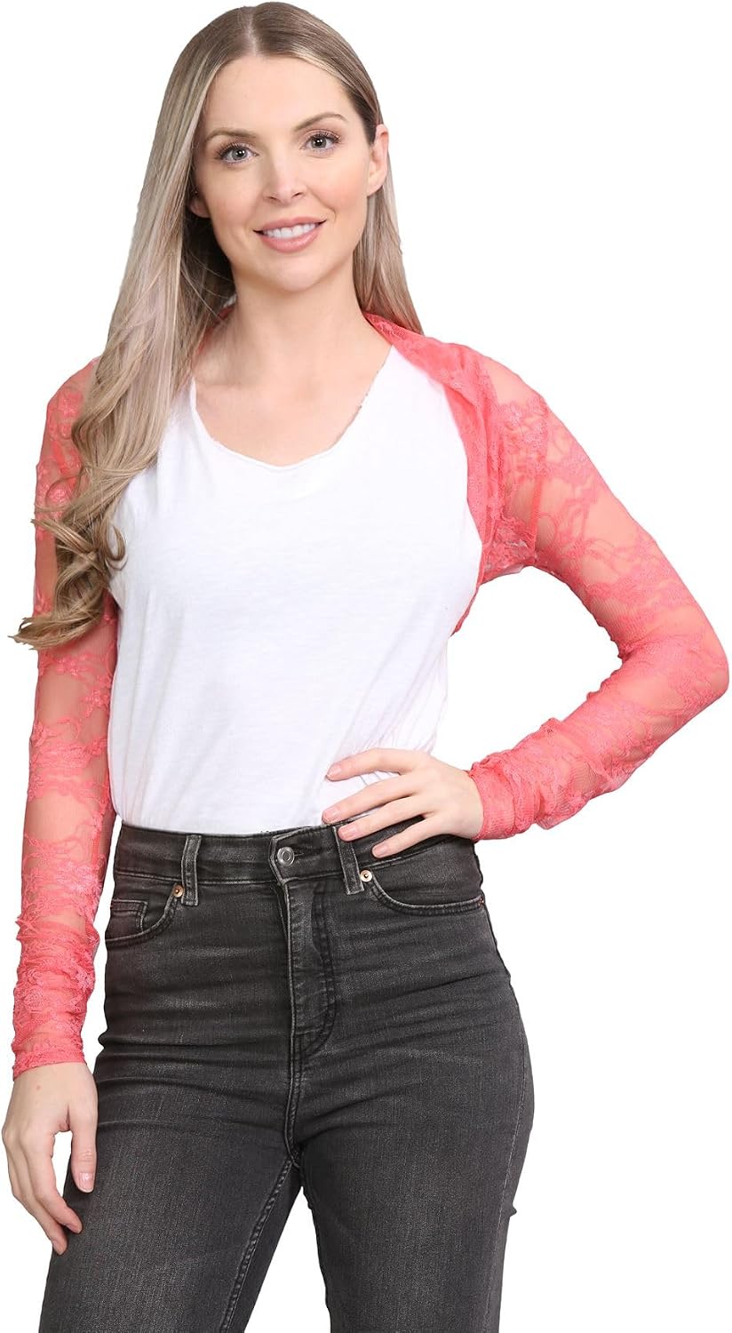 New Womens Long Sleeve Floral Lace Shrug Open Front Bolero Cropped Cardigan Top