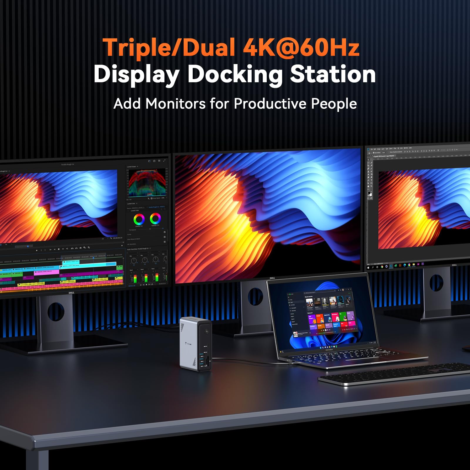 TobenONE 18 in 1 Laptop Docking Station 3 Monitors, Triple 4K Display with 3 HDMI, 9 USB Ports, Gigabit Ethernet, PD3.0, for Windows/Dell/Lenovo/HP/Thinkpad Laptops (No Power Adapter) — view 3