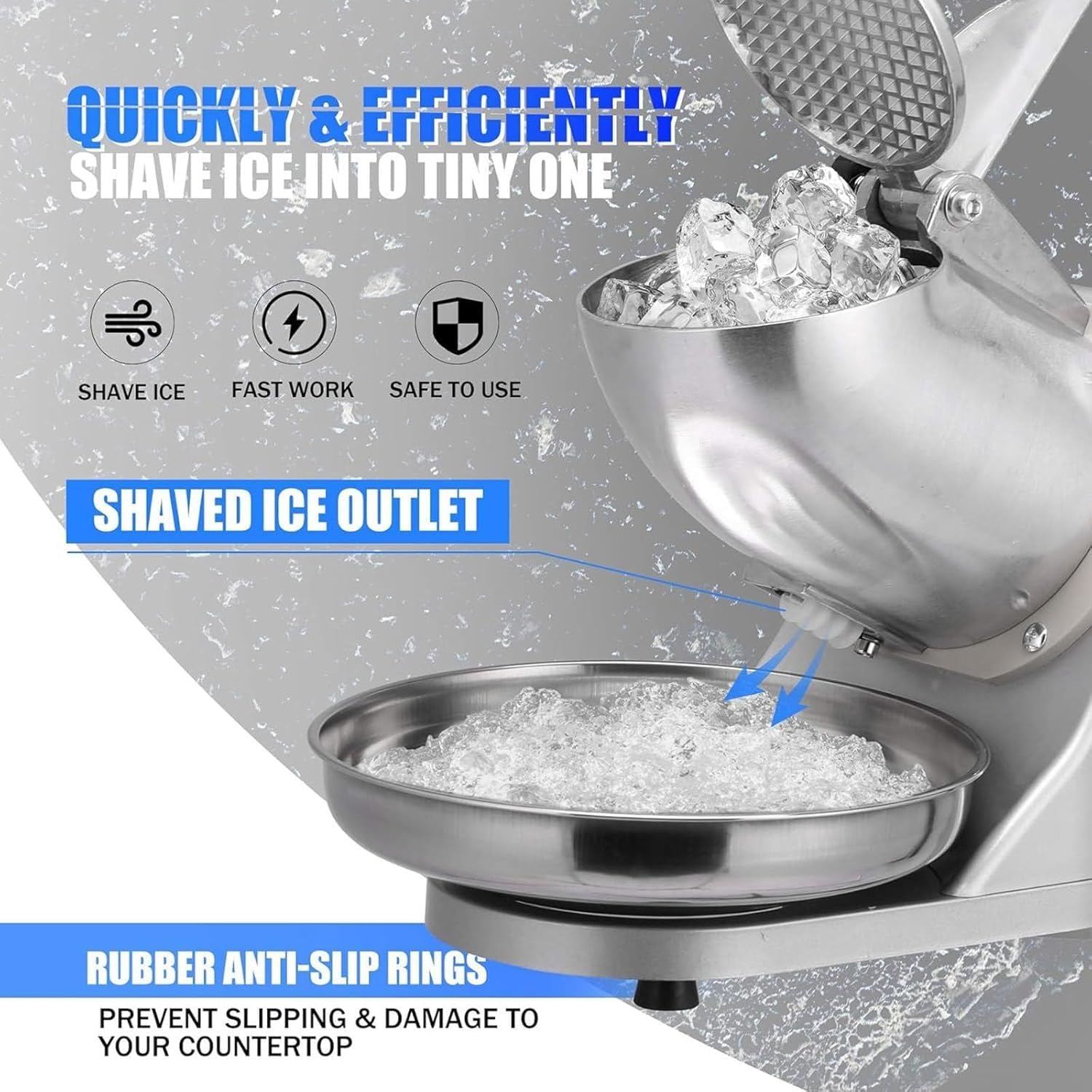 Komercyjna kruszarka do lodu 300W Heavy Duty Stainless Steel Snow Cone Maker z osłoną przed splashem do barów Restauracje Home Wysoka wydajność Ogolona maszyna do lodu