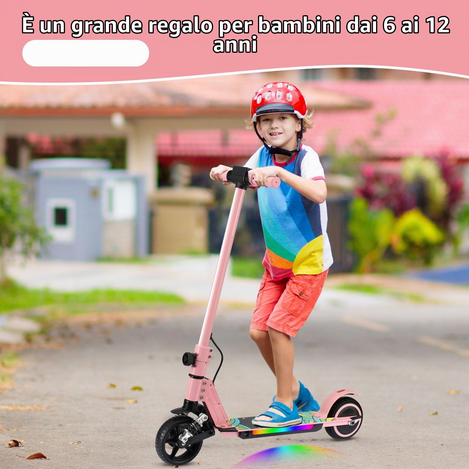 Monopattino elettrico per bambini, 6-12 anni, 130 W, 14 km/h, portata 8 km, luci LED colorate, pieghevole, scooter elettrico per ragazzi e ragazze, regalo per bambini