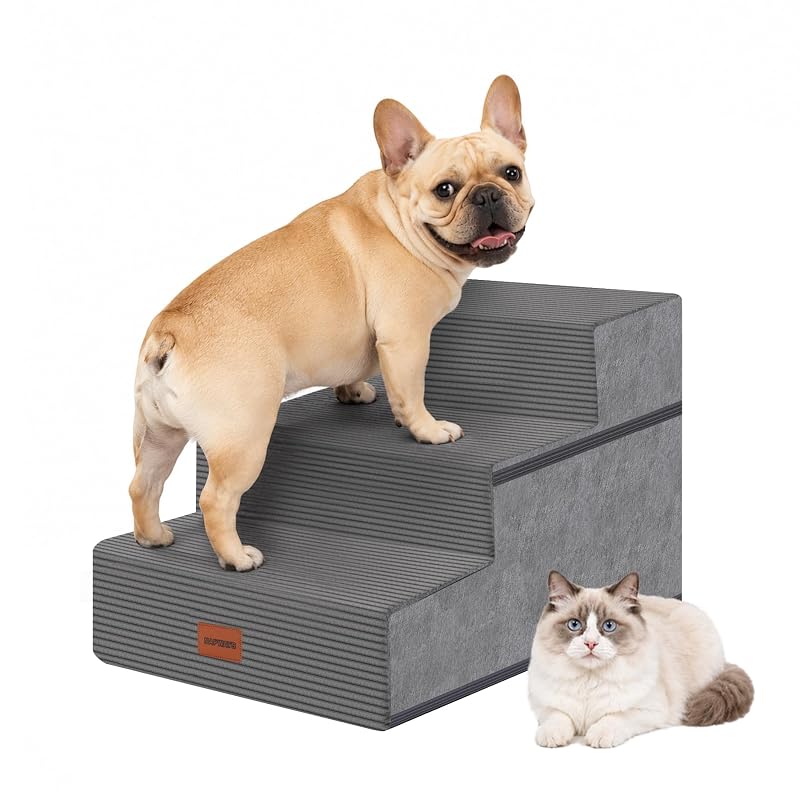 Escada para cães pequenos com 3 degraus, espuma de alta densidade e capa lavável NAPWAYS, Cinza