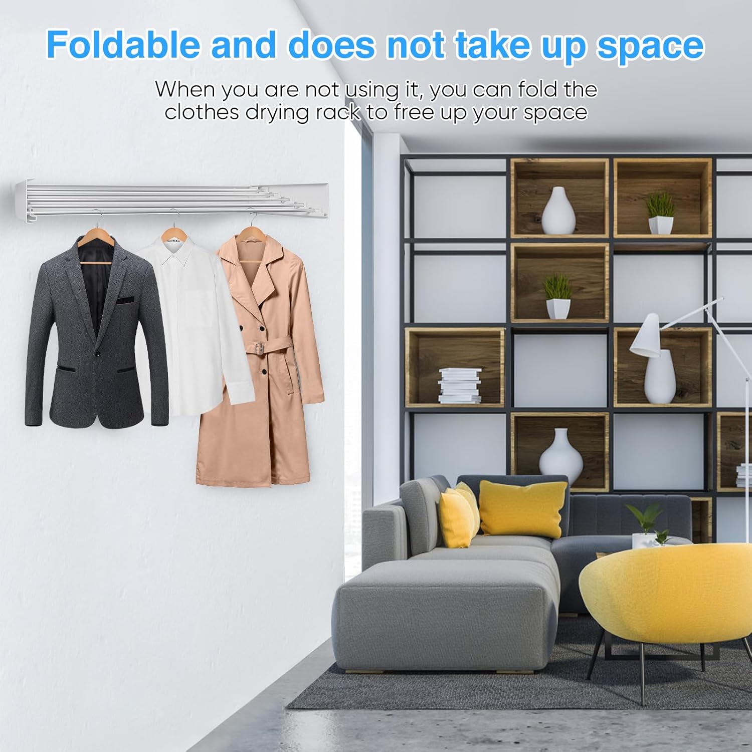 Wall Mounted Clothes Drying Rack 31.5", Laundry Drying Rack Collapsible, Towel Drying Rack, Laundry Racks for Drying Clothes with Wall Template for Indoor Outdoor Organization 60 lb Capacity