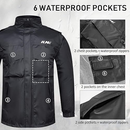 Miniatura 4 de ILM traje de lluvia para motocicleta, impermeable, 6 bolsillos, 2 piezas, chaqueta y pantalones, para hombre