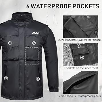 ILM Motorcycle Rain Suit for Men Waterproof Resistant Raincoat 6 Pockets 2 Pieces Packable Rainwear Jacket and Pants Model RS02