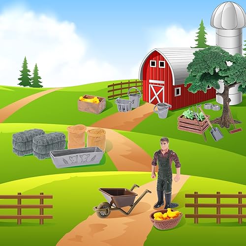 Miniatura 5 de Juego de 54 piezas de juguetes de alimentación para granja, mini juego educativo, incluye paja de heno de plástico, montón de paja, herramientas de
