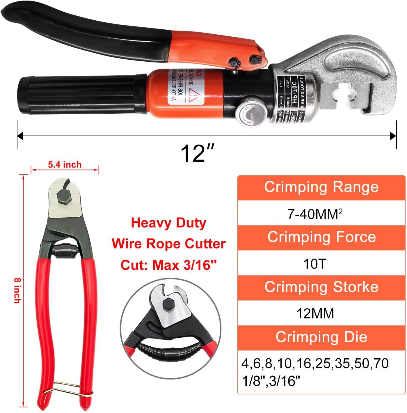 CKE Upgraded Hydraulic Cable Crimper Hand Tool for 1/8, 3/16 Stainless Steel Cable Railing Fittings - Wire Swaging Tool-10 Ton and Stainless Steel Cable Cutter - Heavy Duty Head with 11 Dies HC05