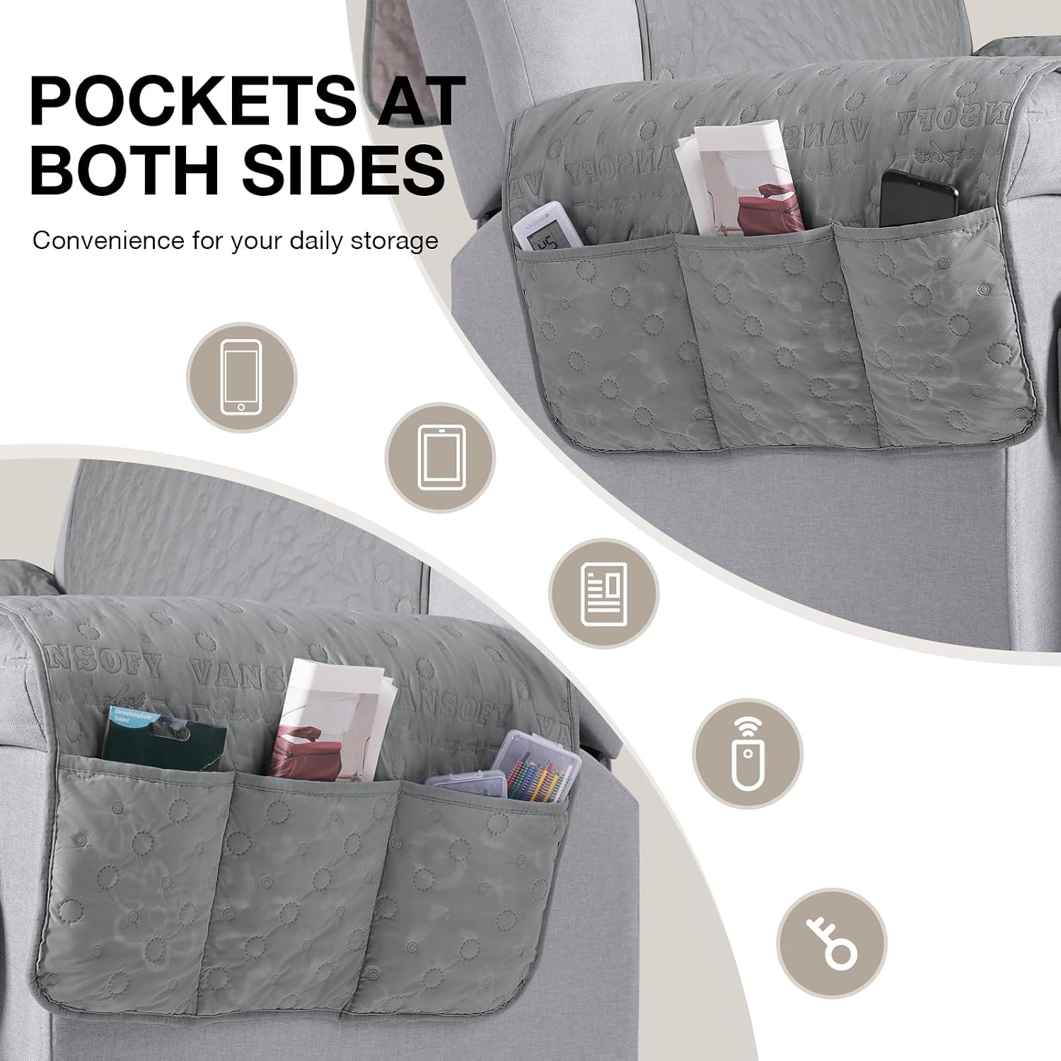 VANSOFY 100% Waterproof Recliner Chair Cover, Recliner Cover with Non-Slip Granule, Washable Reclining Chair with Pocket Furniture Protector for Kids, Pets(Light Gray, 23")