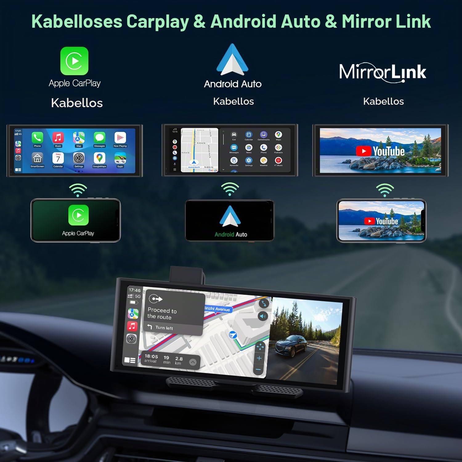 10,26" 4K CarPlay Display Android Auto, 4K Dashcam + 1080P Rückfahrkamera