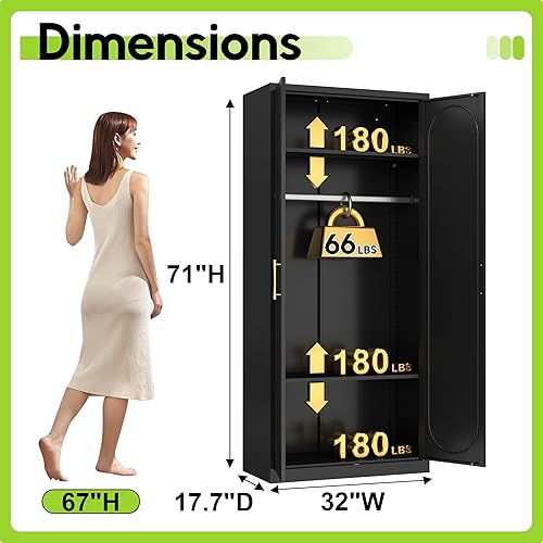 Miniatura 2 de Armario Ropero con Puertas, Gabinete Armario de 71'' con Barra Colgante, Armario de Metal con 2 Estantes Ajustables para Dormitorio, Escuela
