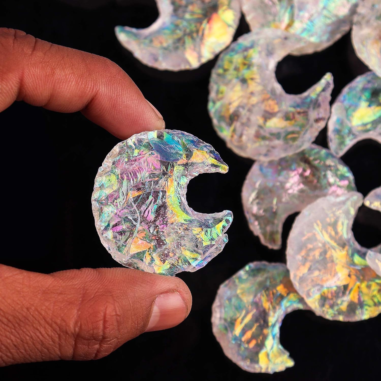 InfinityGemsArt 3pcs, Pink Flash Raw Angel Aura Quartz Moon Shape Stone, Drilled Rough Crystals and Gemstone, DIY Jewelry Making Supply, Chakra Energy Stone, Unique Gifts Art Crafts