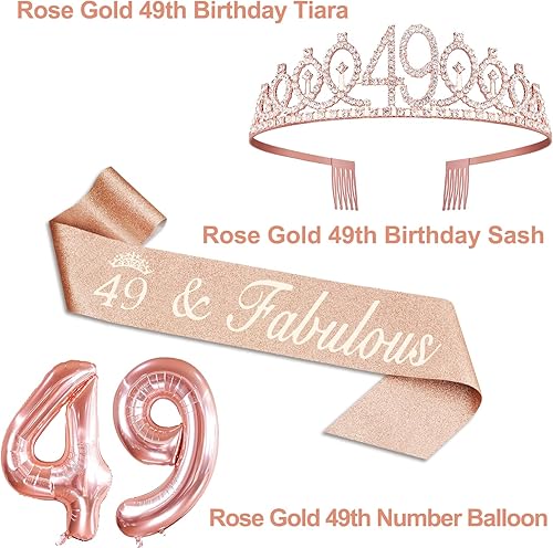 Miniatura 3 de Regalos de cumpleaños 49 para mujer, incluye banda y tiara de cumpleaños 49, adorno para pastel de cumpleaños y velas del número 49, globos grandes
