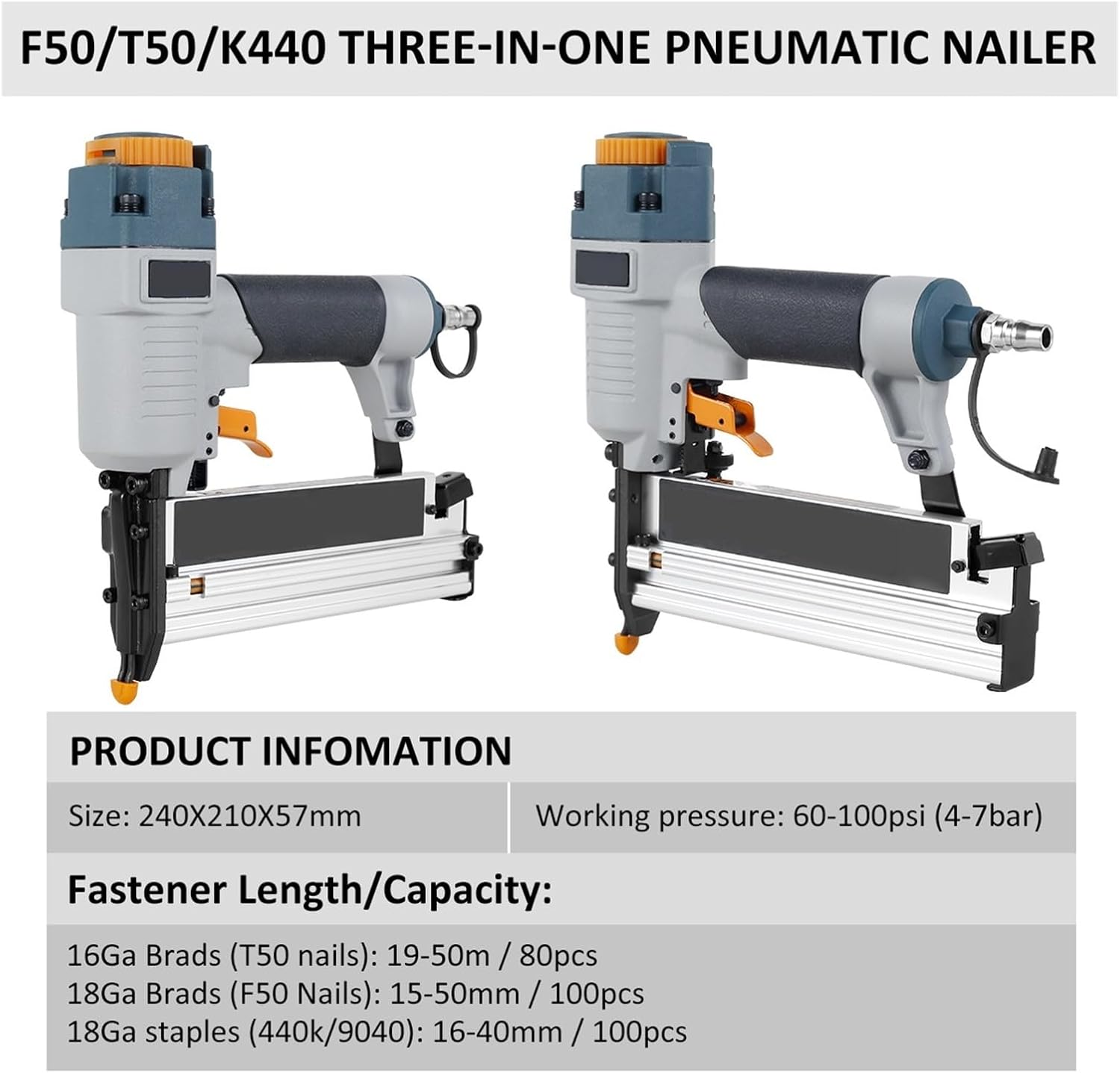 Professional Heavy Duty Stapler Air Nailer Carpenter Pneumatic Nail Tool T50 F50 440K 16Ga/18Ga Air Brads Nailer Nail Depth Adjustment