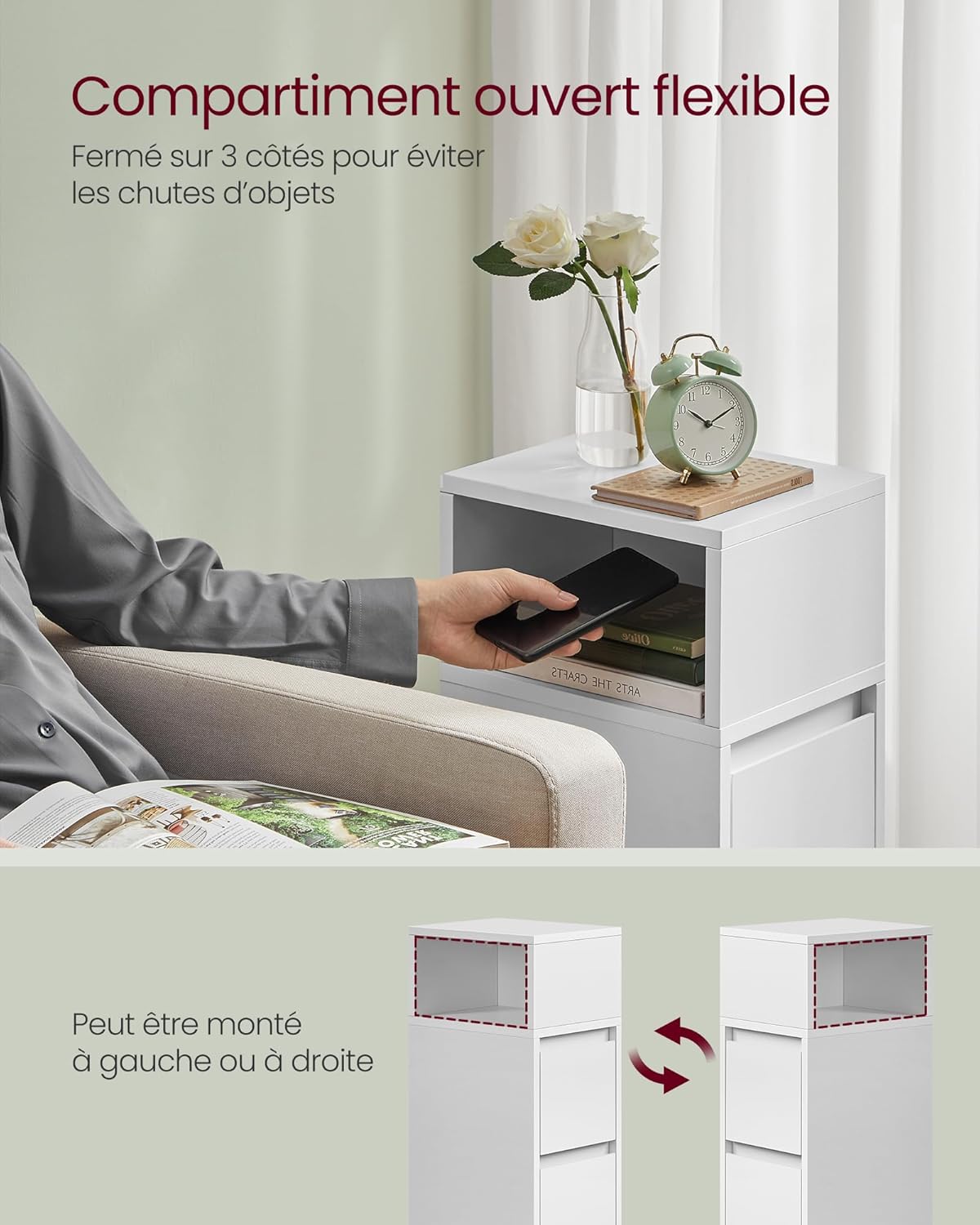 Diagram showing the open compartment of the VASAGLE nightstand, indicating it can be mounted on either the left or right side, with text 'Flexible open compartment' and 'Can be mounted left or right'.