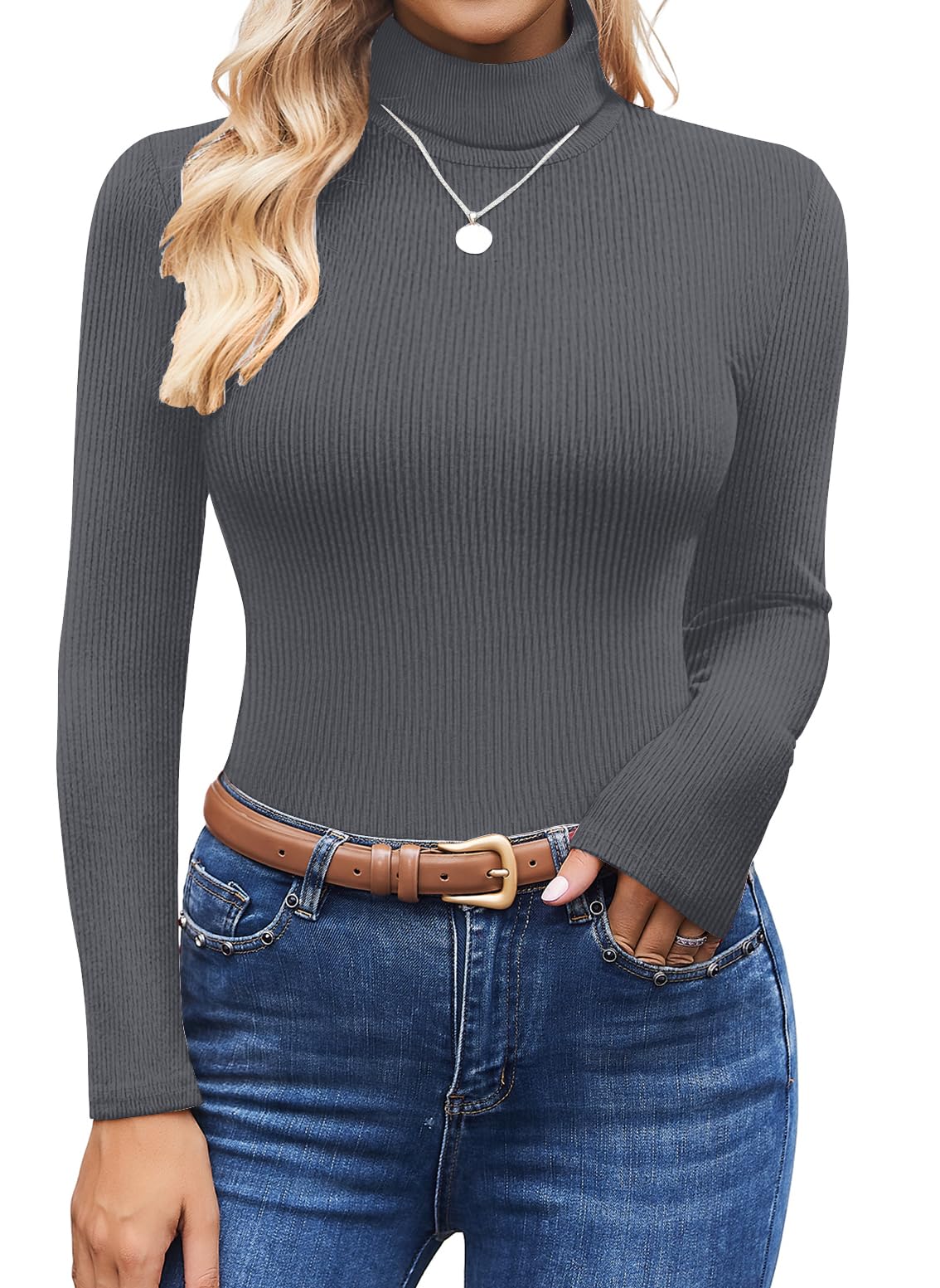 Women Ribbed Turtleneck Tops Long Sleeve Thermal Shirts Slim Fit Sweater