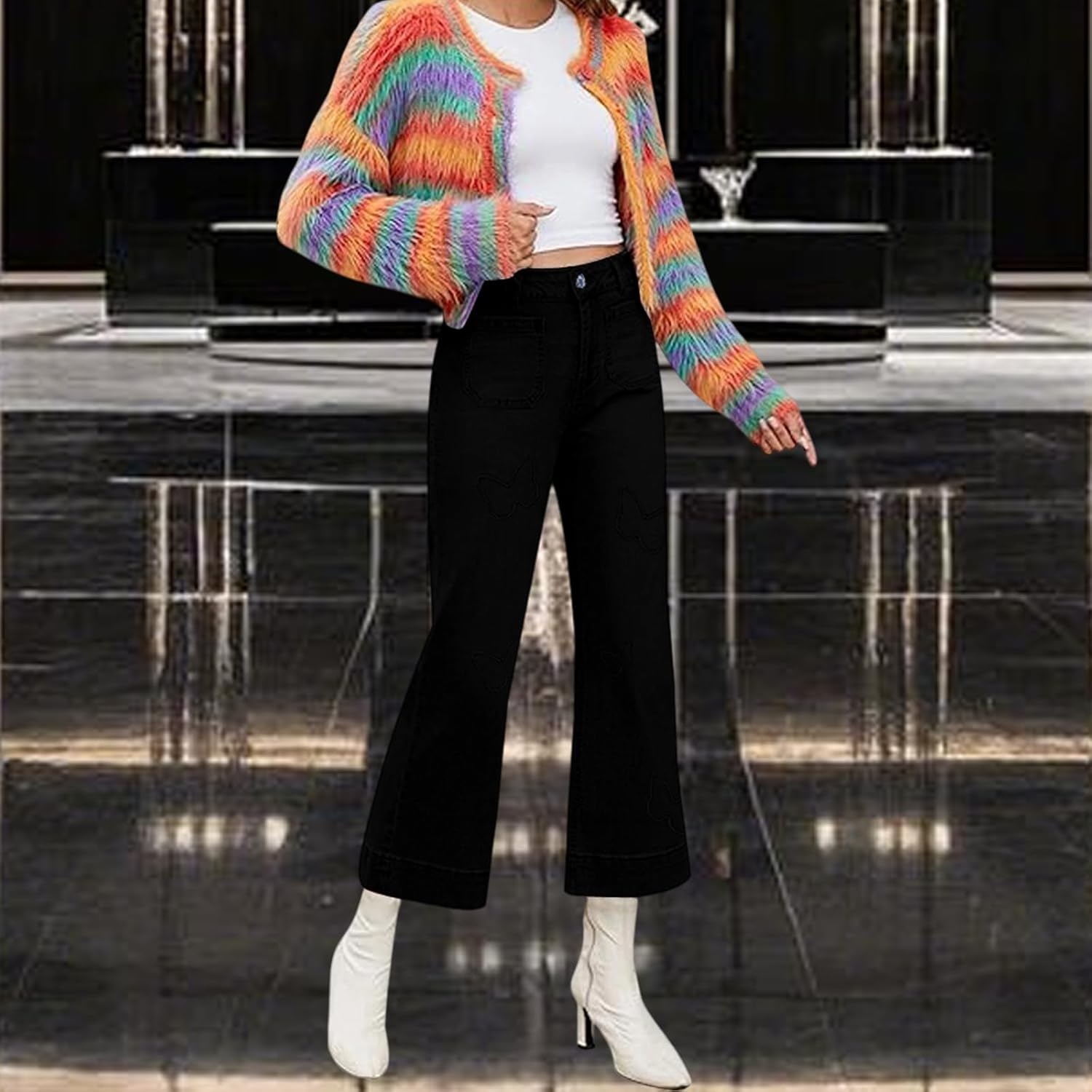 Women's Cropped Wide Leg Jeans Butterfly Elastic High Waisted Baggy Flared Jeans Trendy Stretchy Denim Pants - Image 6