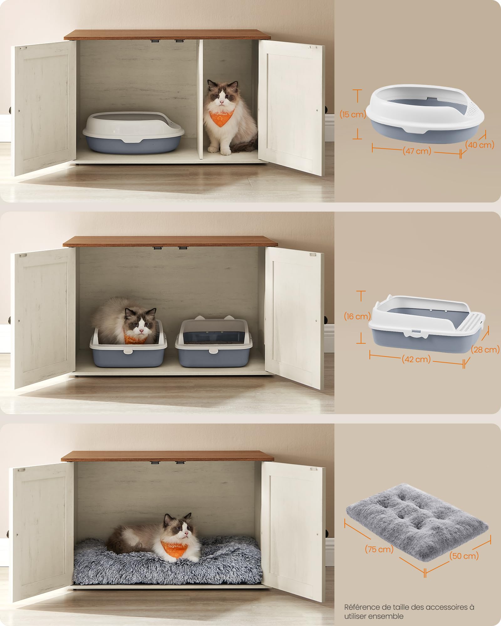 Feandrea Maison de Toilettes pour Chat, Niche, Meuble Litière Chat, avec Séparateur Amovible, Cache-litière, Table Basse, 80 x 53 x 50 cm, Marron Miel et Blanc Rustique PCL002P01V1