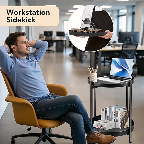 Miniatura 4 de Mesa auxiliar pequeña redonda para espacios pequeños en interiores y exteriores, mini mesa auxiliar de metal, soporte de planta de 2 niveles