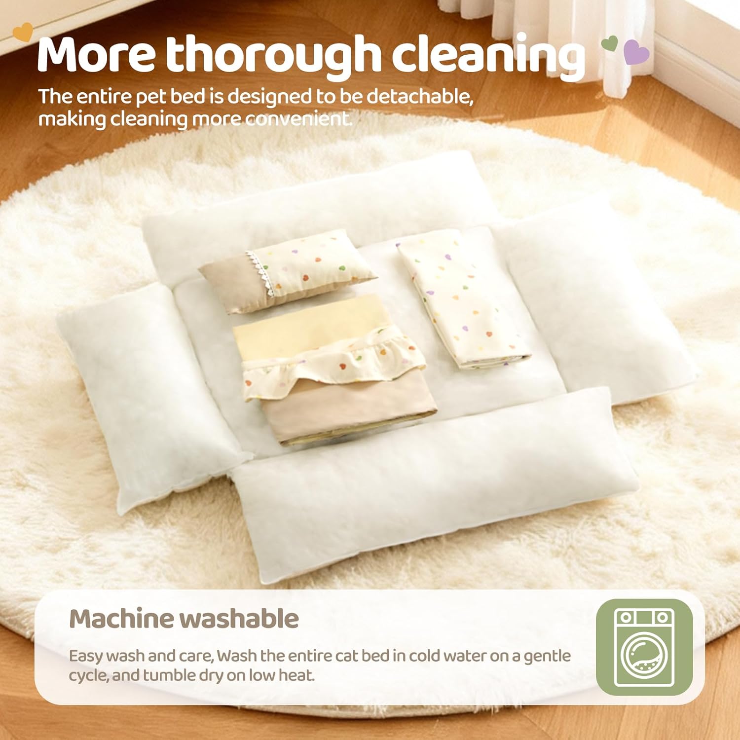 Jiupety Cat Bed for Indoor Cats Dog Beds for Small Dogs Removable Washable Small Dog Beds Pet Beds with Slip-Resistant Bottom Ruffled Puppy Beds with Pillow,Beige 24"x20"