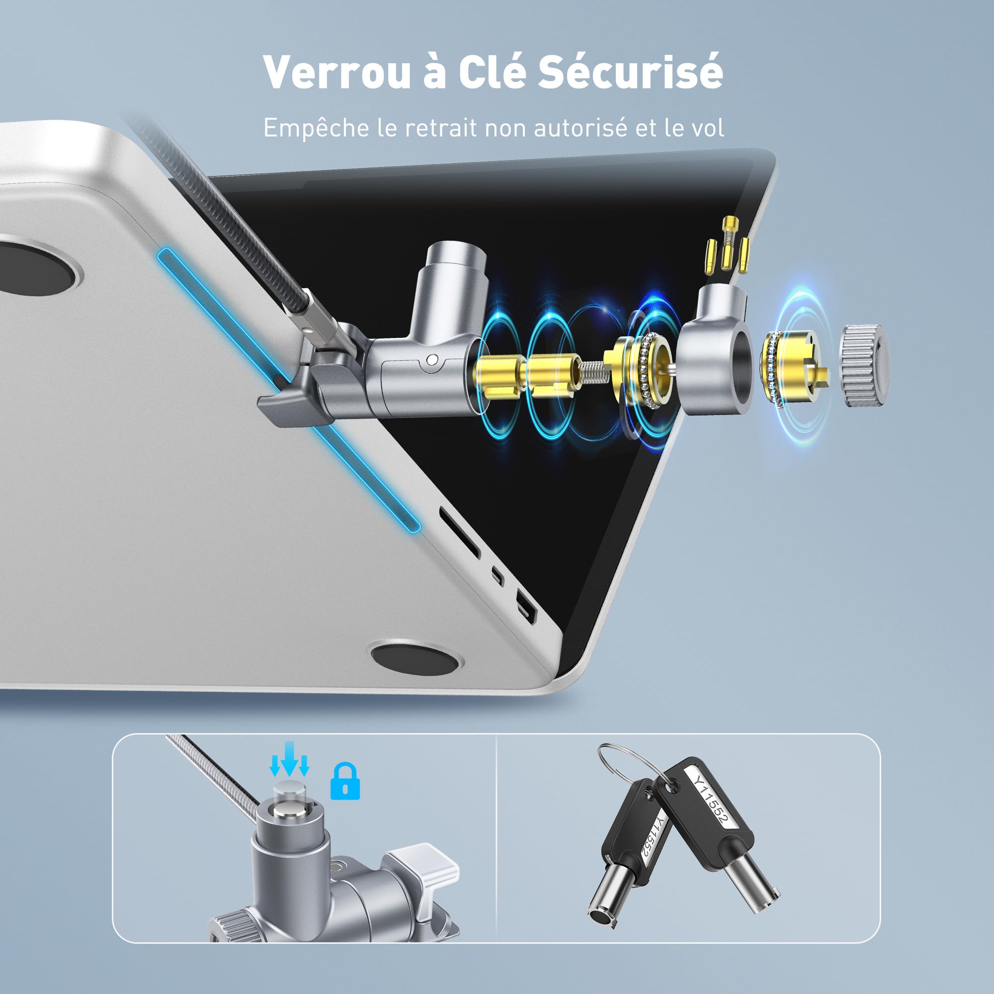 AboveTEK Câble de verrouillage pour ordinateur portable MacBook Pro 14/16 (2021–2024), verrou de sécurité antivol à clé pour ordinateur portable, câble de verrouillage d'ordinateur en acier résistant