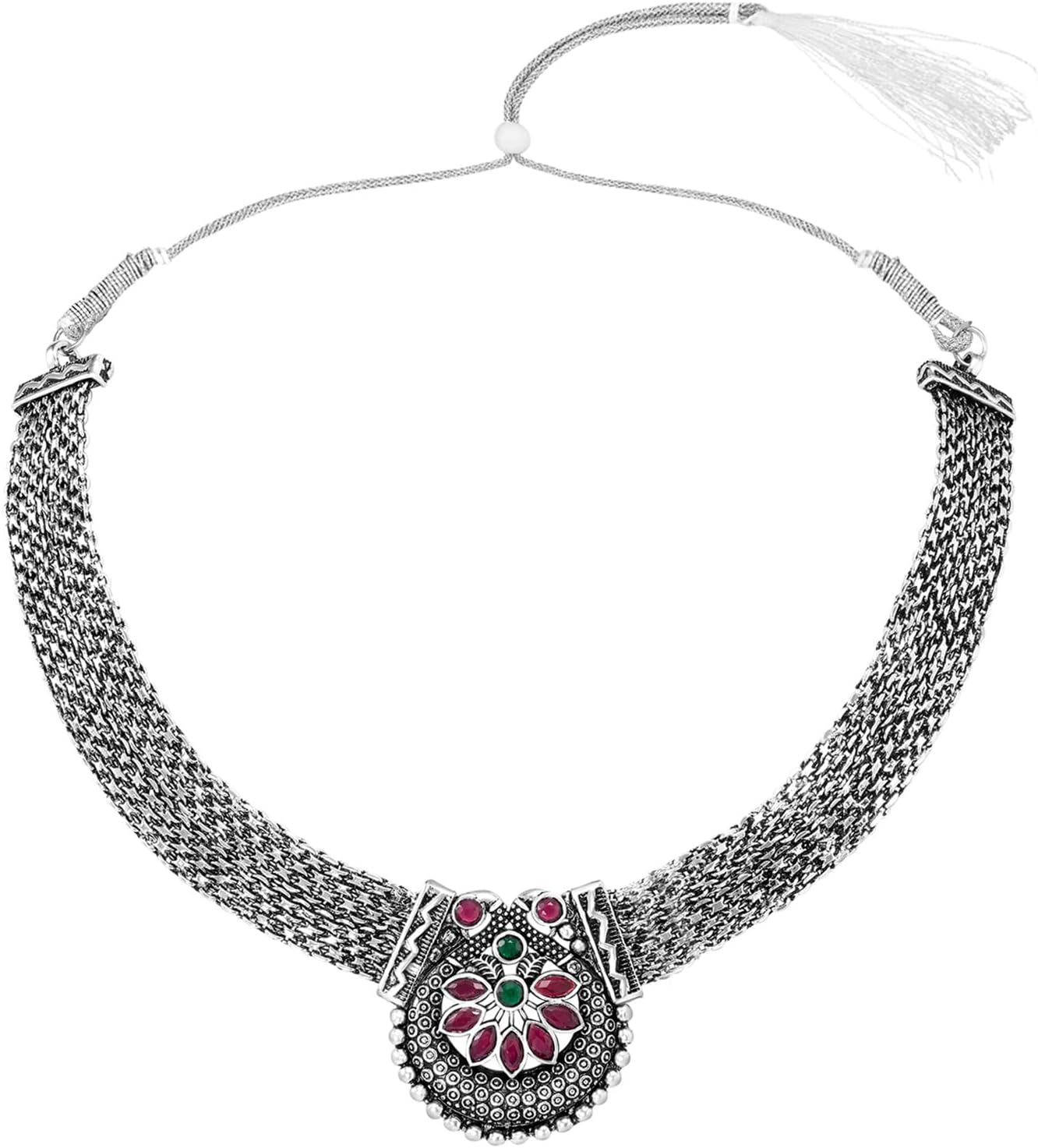 Aheli シルバーメッキ ラニ ピンク 合成石 スタッズ チョーカー ネックレス スタッド イヤリング エスニック ジュエリー セ