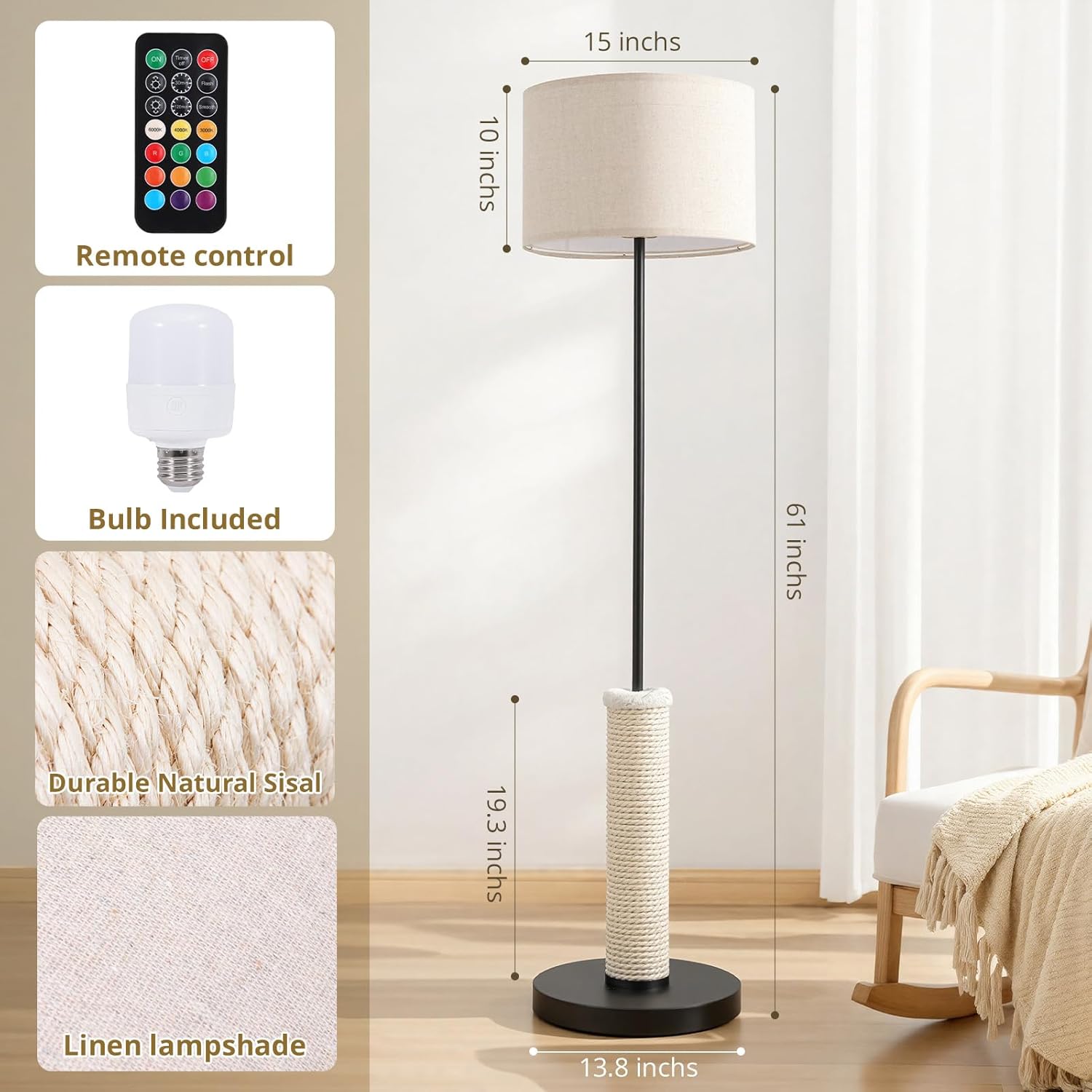 61 Inches Cat Scratching Post with Floor Lamp,Durable Natural Sisal and Heavy Duty Base,Suitable for Living Room Bedroom Dining Room Kitchen