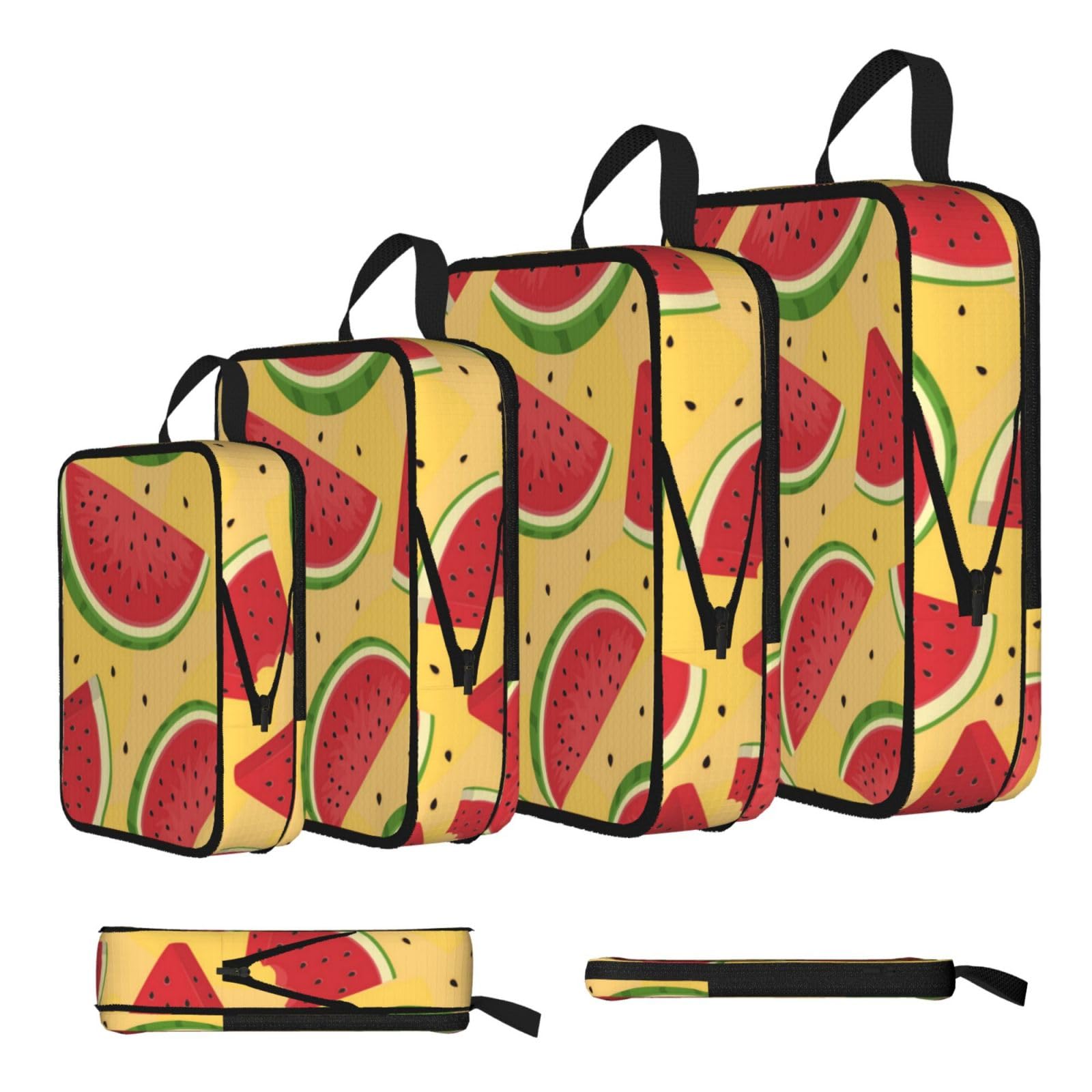 Yellow And Watermelons Print Compression Packing Cubes 4-Piece Set With Multi- Compartment Travel Bag, Waterproof Suitcase Organiser Bags