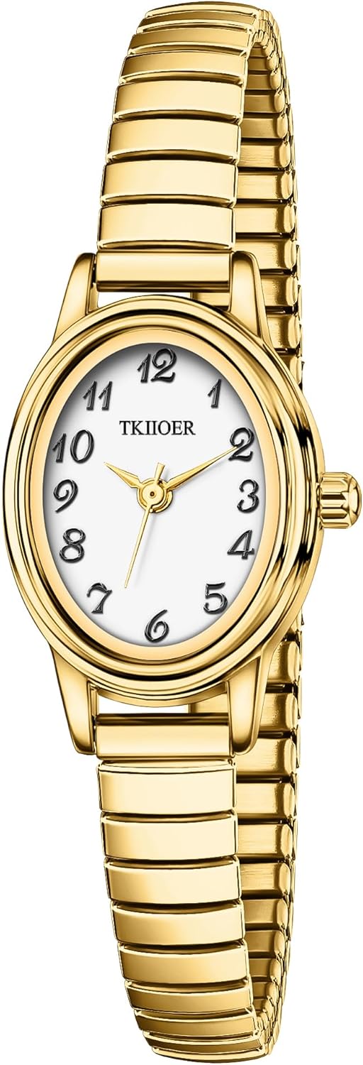 TKIIOER Small Gold Watches for Women, Easy to Read Dial Ladies Analog Watch, Oval Case, Stainless Steel Expansion Band, Waterproof Watch