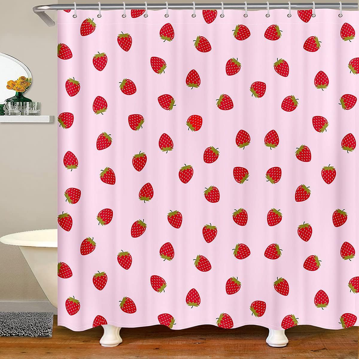 Amazon.com: Mocsicka Cute Strawberry Shower Curtain Pink Strawberry ...
