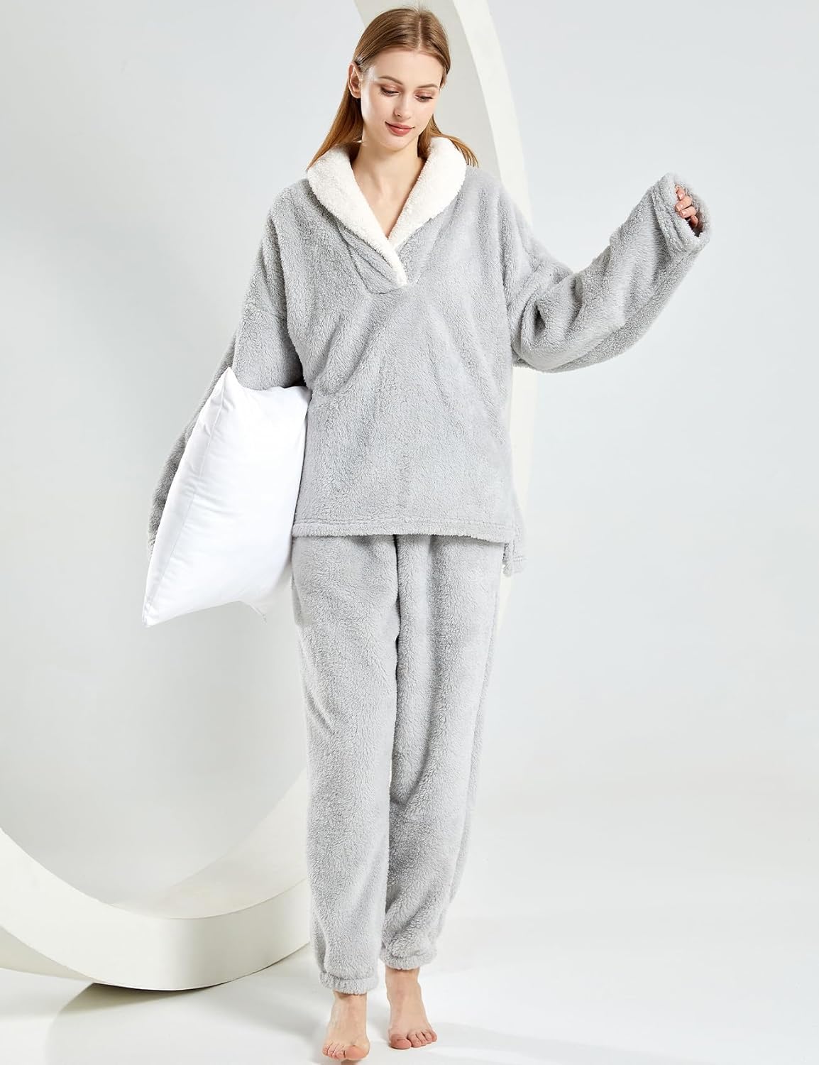 Gihuo Women' s Fluffy Pajamas Set Fleece Pullover Pants Loose Plush Sleepwear 2 Piece Pjs Set Warm Loungewear Fuzzy - Image 3
