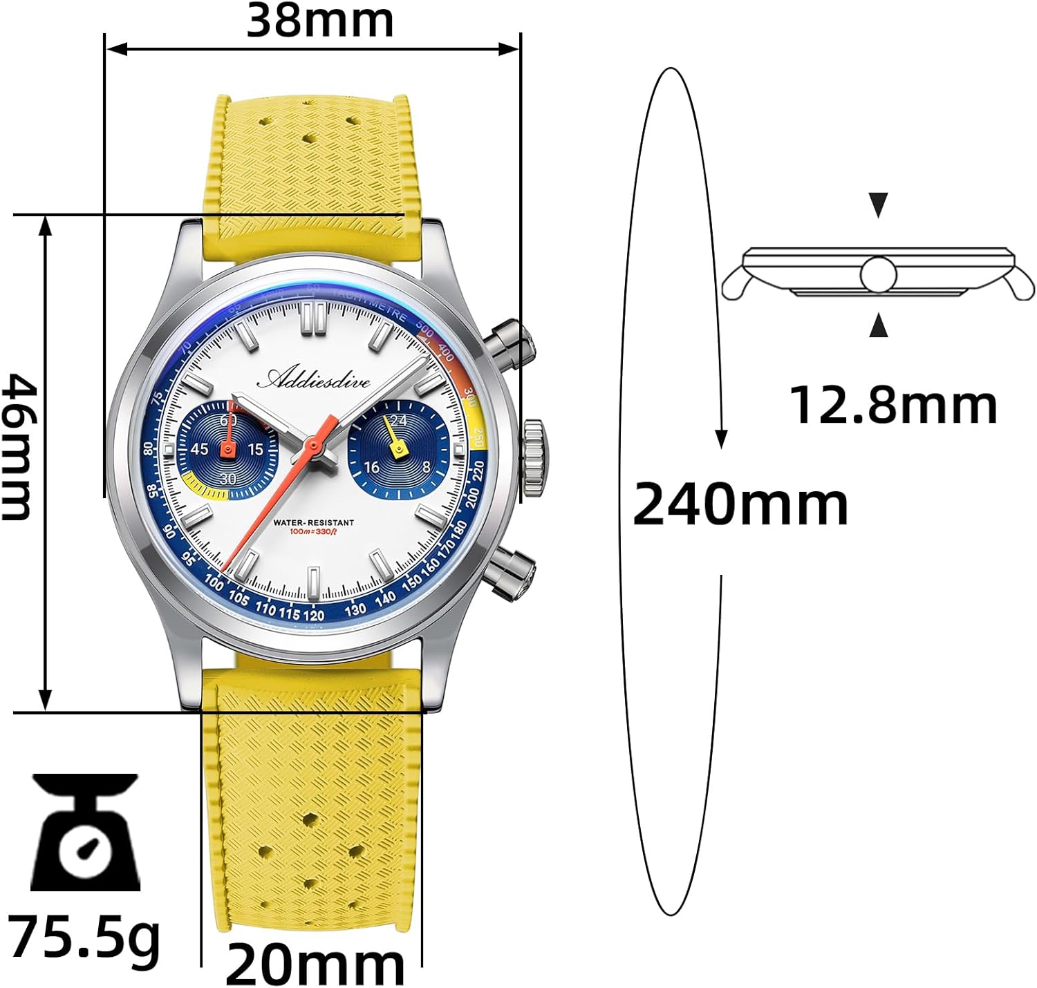 ADDIESDIVE 38 MM Chronograph Watch VK64 Sweep Second Movement Tachymeter Mark FKM Rubber Strap BGW9 Super Lume Colourful Outdoor Sports Watches for Men Women