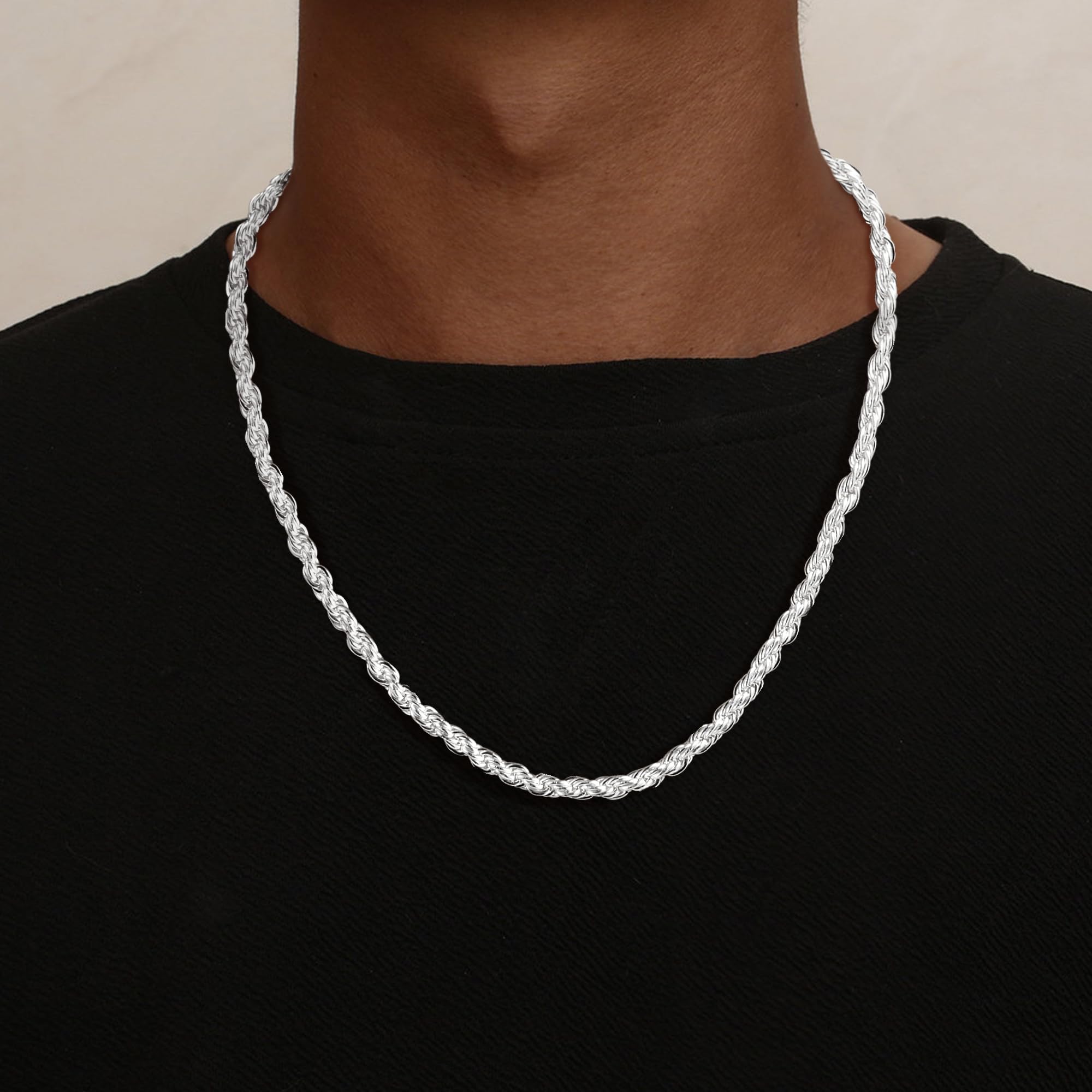 SLOONG 4MM Breit Rope Kette Herren 925 Silber Over | Silber Rope Chain Halskette Jewelry Schmuck Geschenke für Männer Papa Freund Längen 46/51/56/61/66CM