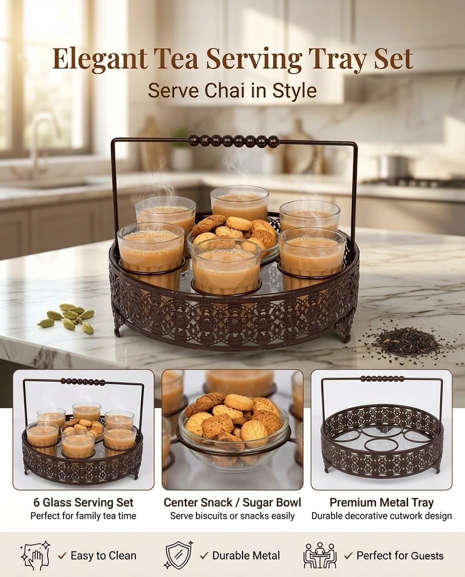 Tapri Style Cutting Chai Glass Set of 6 with Heavy Metal Stand | Desi Cutting Tea Glasses for Home & Café | Premium Tapri Tea Cups for Kitchen, Office Pantry, Restaurants & Gifting