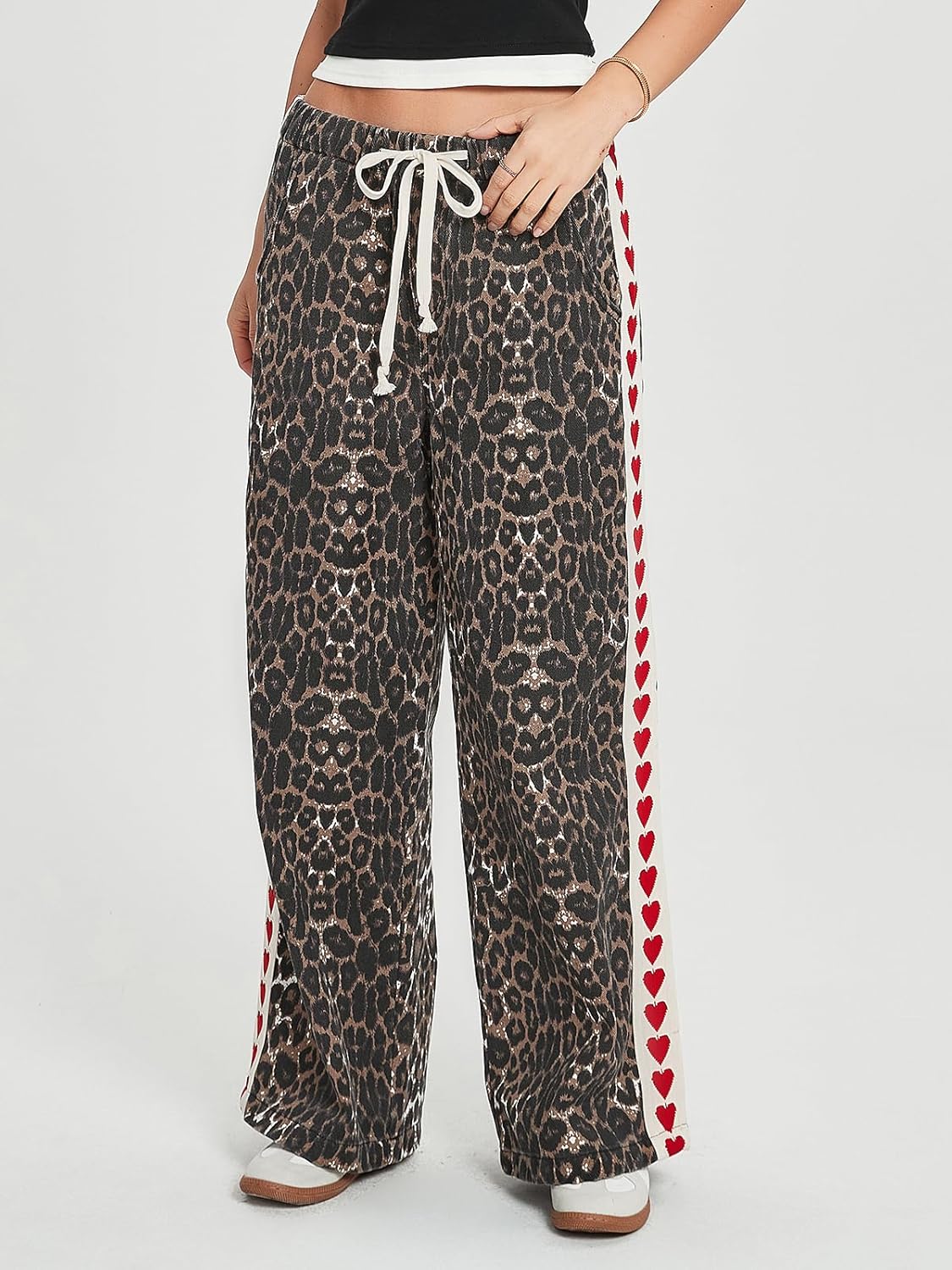 Kedera Women Leopard Heart Print Stripe Jeans Drawstring Stretch Elastic Waist Pants Y2K Casual Boyfriends Trousers