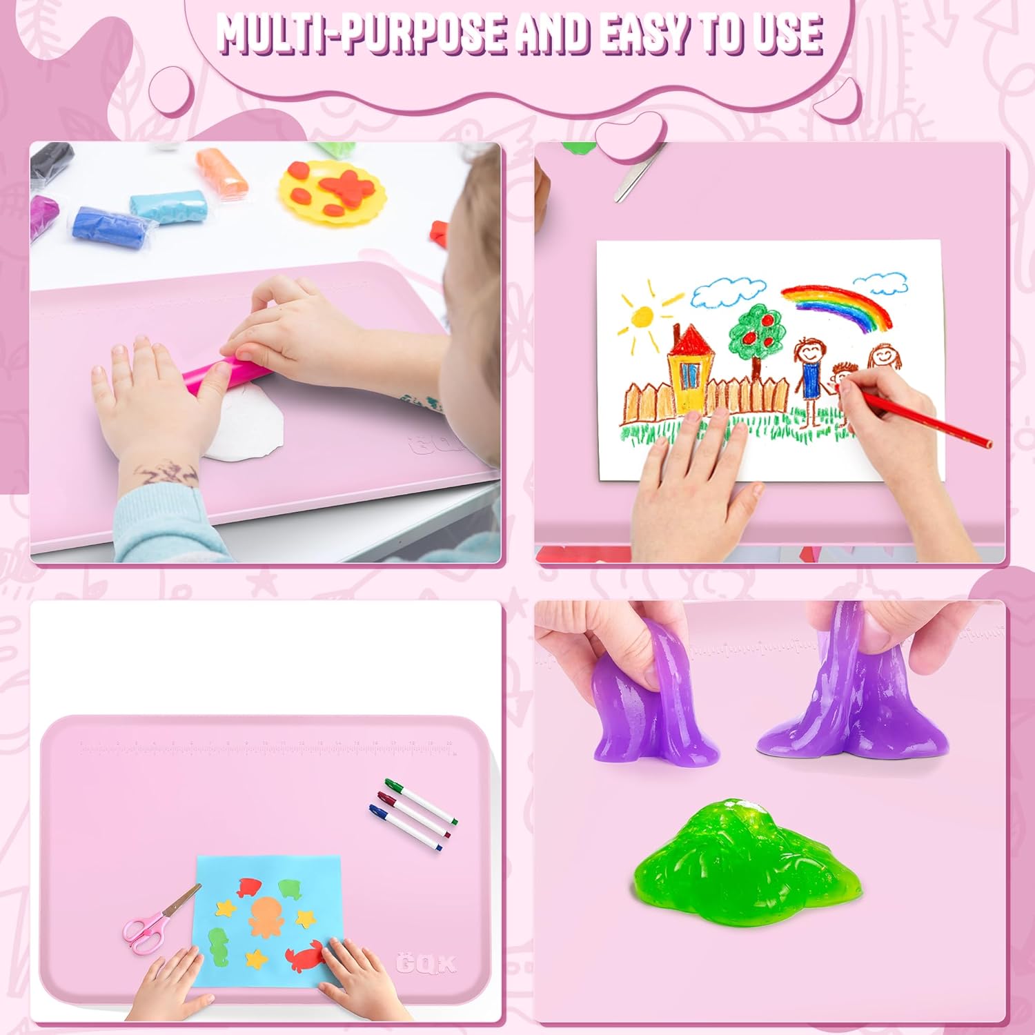 Silicone Art Mat for Crafts, 24" x 16" Painting Mat for Kids with Raised Sides to Stay Tidy, Paint Craft Mats for Clay, Resin, Slime, Jewelry-Making & Crafts Creation (Pink)