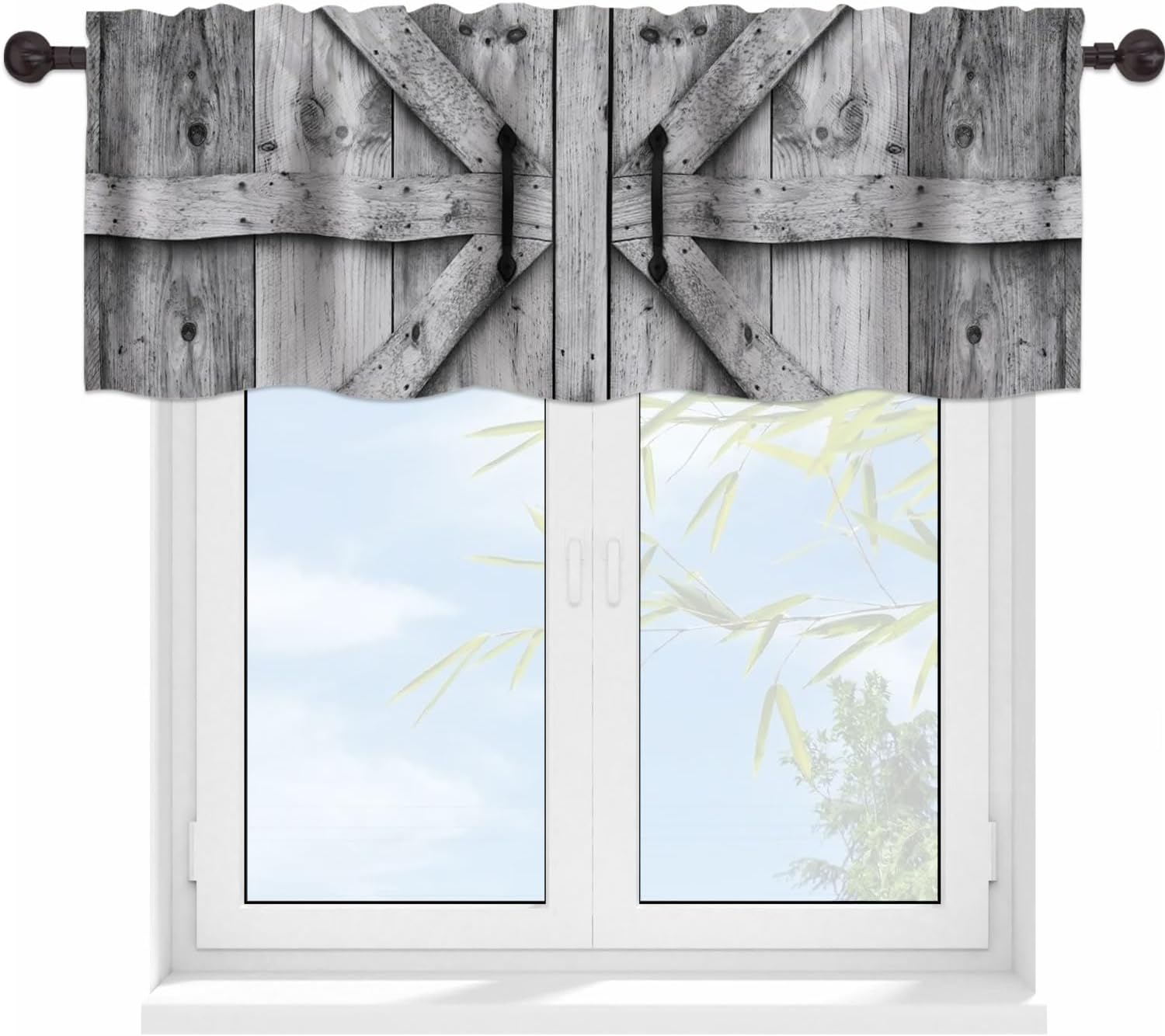 Barn Wood Door Valance Curtains for WindowsVillage Farm Rural Country Modern Rod Pocket Decorative Window Valance for Kitchen Bathroom Bedroom Living Room Closet, 54x18 Inch