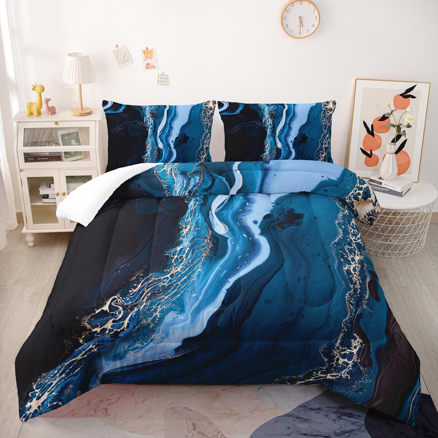 Blue Marble Comforter Set Queen Size Deep Blue Marble Bedding Set Soft Microfiber Minimalist Wind Comforter Sets 3 Pieces with 2 Pillowcases