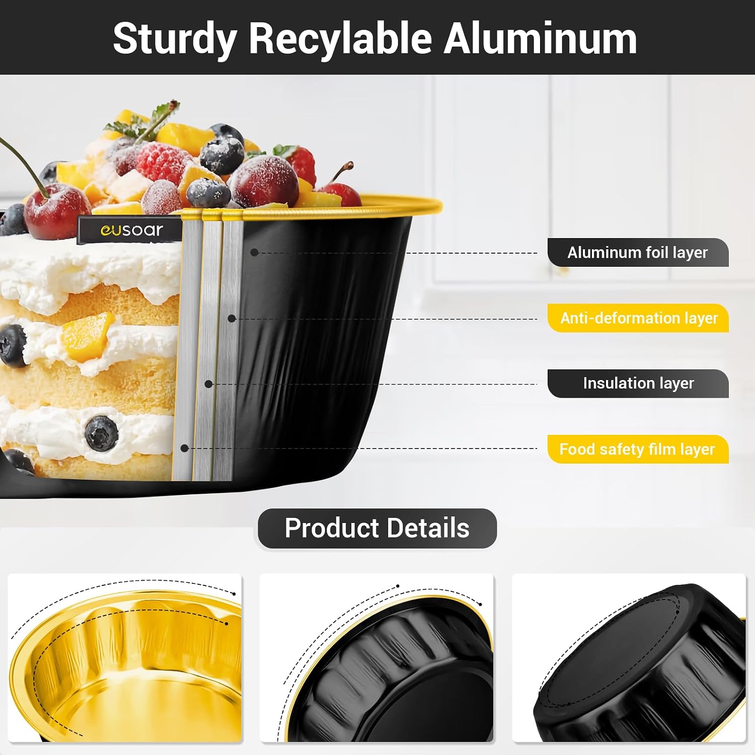 EUSOAR Disposable Ramekins with Lids, Black Gold 50 Pack 14.2oz Aluminum Foil Mini Cake Loaf Pans with Lids, Disposable Bread Pan Muffin Baking Cups for Baking Party Favor Birthday
