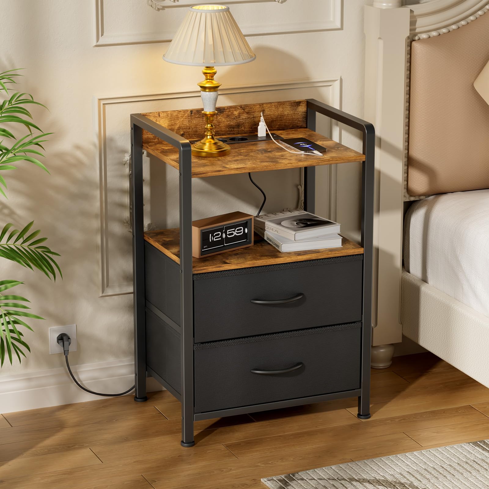 YOUDENOVA Nachttisch 2er Set mit LED-Beleuchtung, Nachtschrank mit Ladefunktion, Beistelltisch mit 2 Schubladen und 2 Offene Regale, Couchtisch fürs Wohnzimmer, Schlafzimmer, Vintage Braun