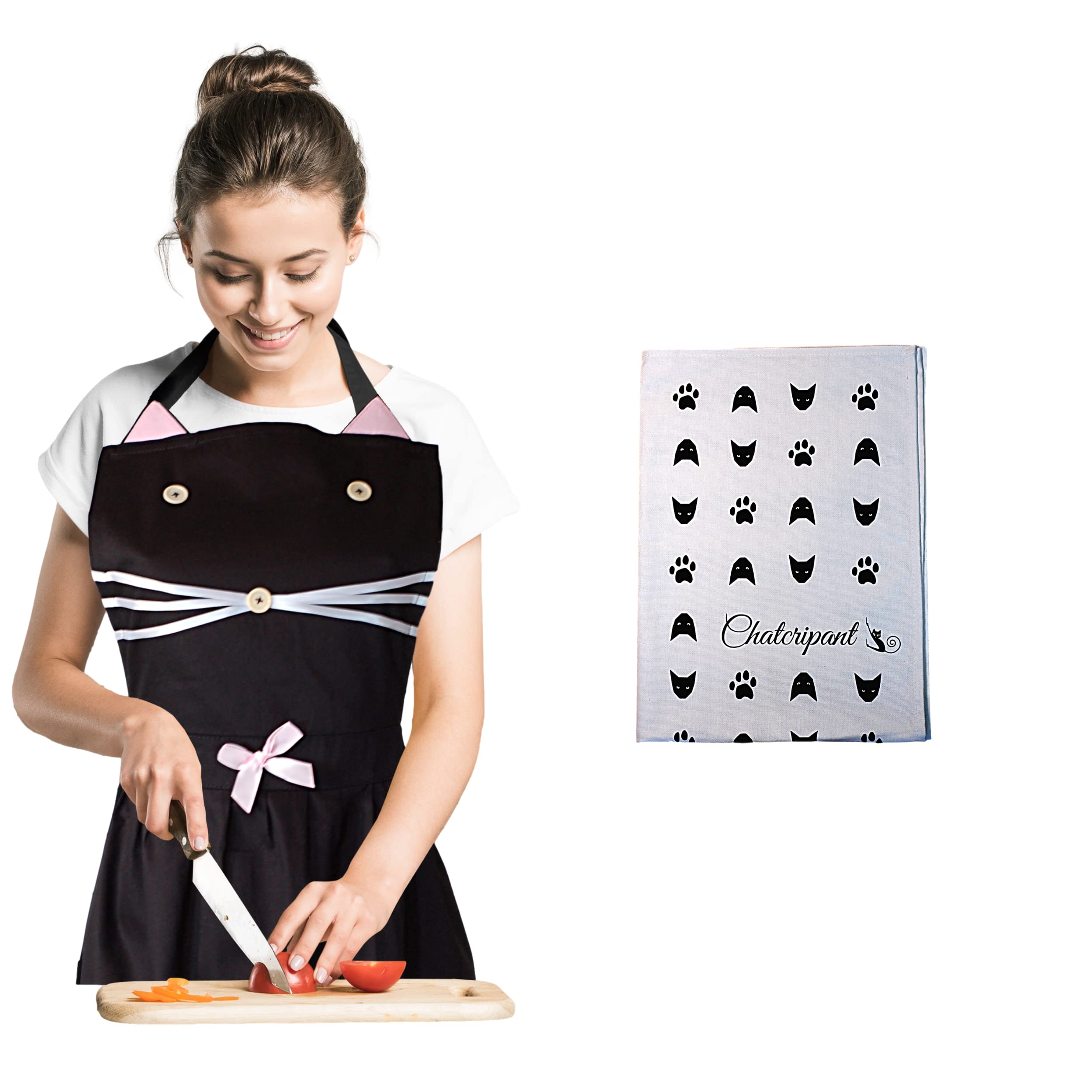 Kitchen Apron for Women Black Cat Design Anti-Heat Gloves Kitchen Oven Gift Idea Humor Rigolo Drole Design Fantasy Chic for Adult Girl Mom Birthday, Black/White, One size
