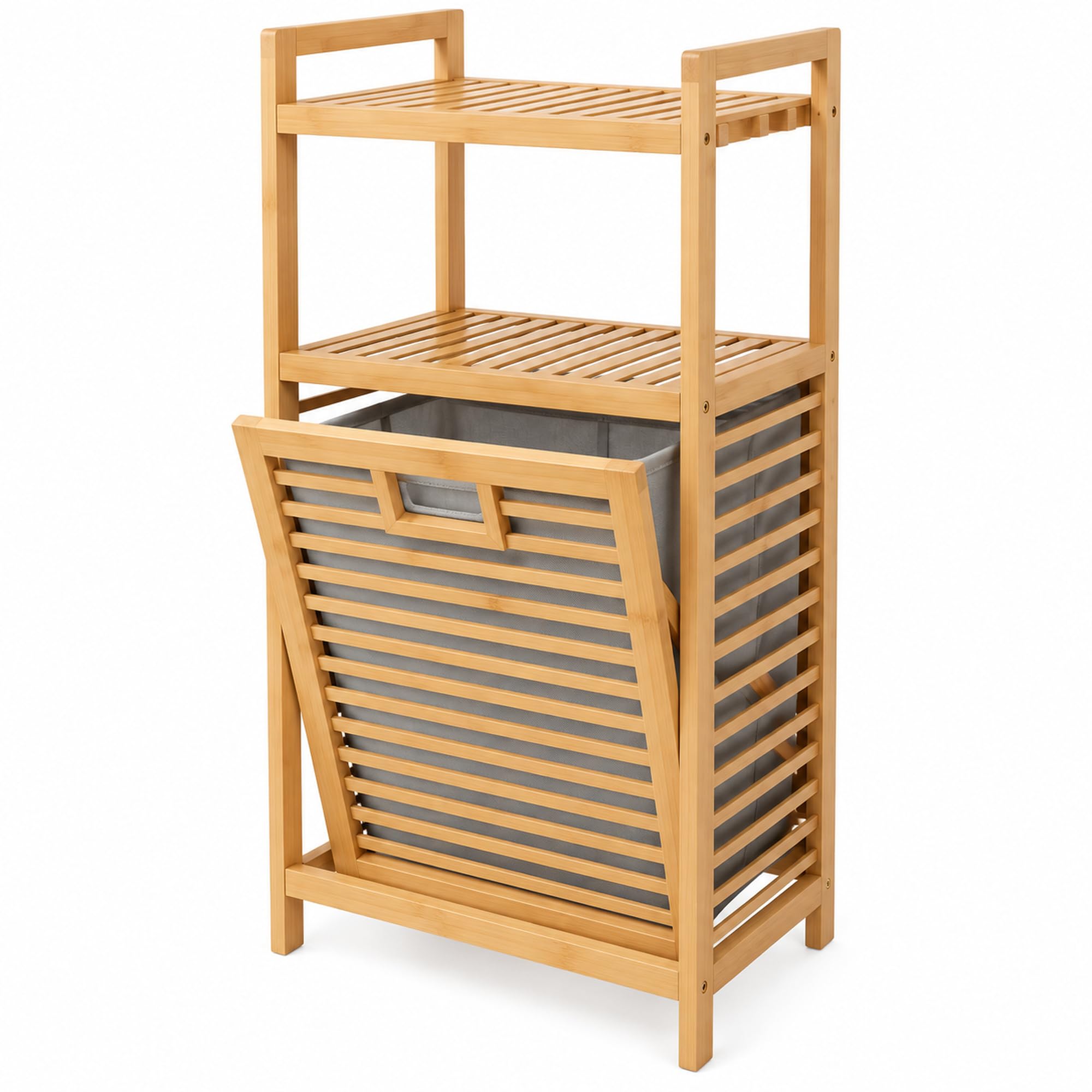 Bambus Badregal mit Wäschekorb, 2 Ablagen, 40 × 30 × 95 cm