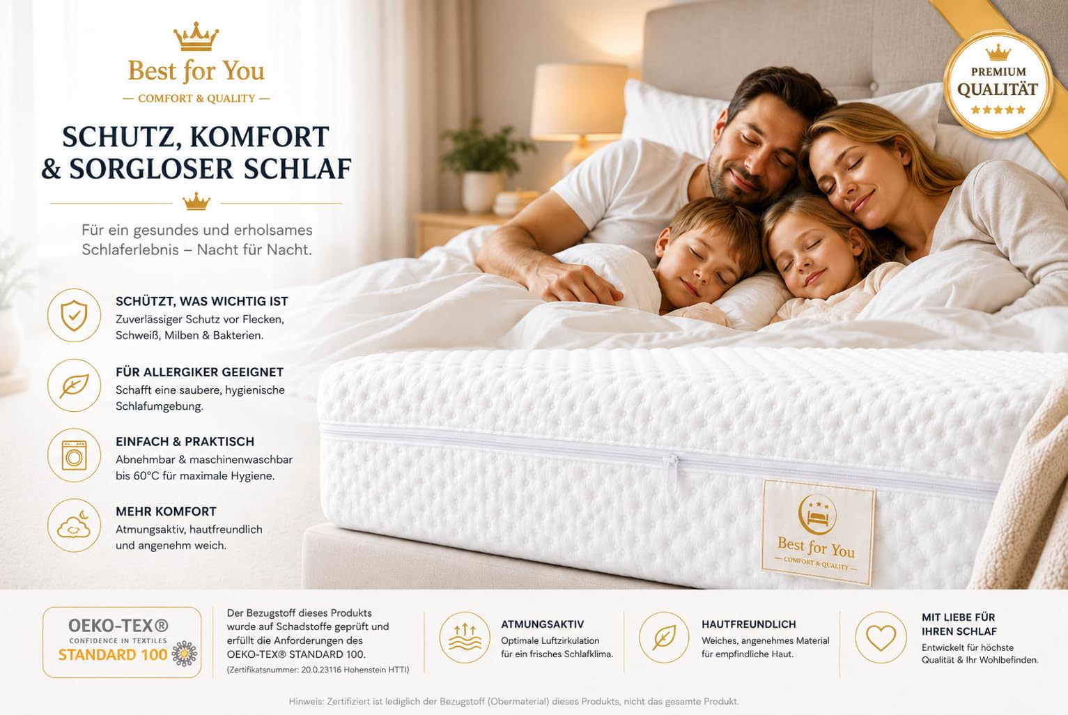 Best For You Matratzenbezug 10 cm Easy Active Cool für Allergiker geeignet 3-seitiger Reißverschluss Bezug für Matratzen von 60x120x10 bis 200x200x10 cm (160x200)