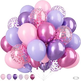 50 Pack Pink Purple Confetti Balloons 12 Inch - Metallic Latex with Ribbon for Birthday Wedding Baby Shower Party Decor
