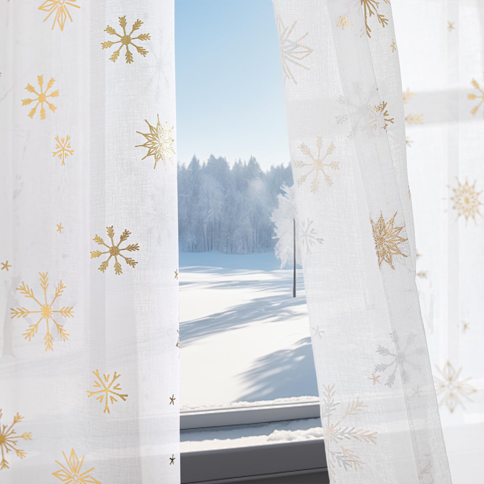 Lot de 2 Rideaux de Noël, Rideaux Voilage Blanc Transparents | 140x260cm Rideaux Décorations Festives pour Salon, Chambre, Fenêtres