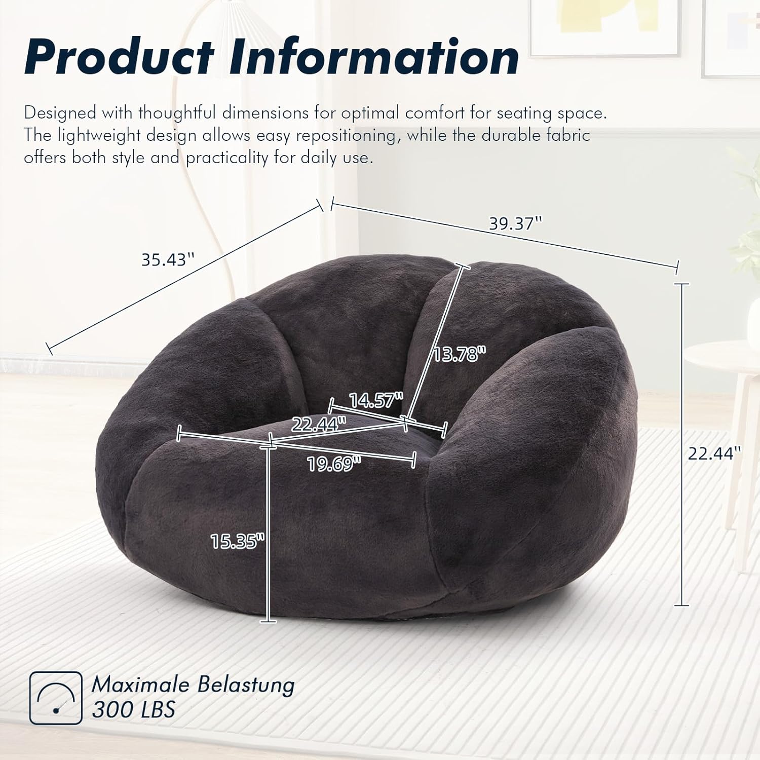 3.28 Feet Bean Bag Chair for Adults, Shell-Shaped Bean Bag Lazy Couch, Faux Fur Cloud Sofa Chair, Lounge Floor Sofa with Filler for Reading, Gaming & Watching, No Assembly Required (Black)
