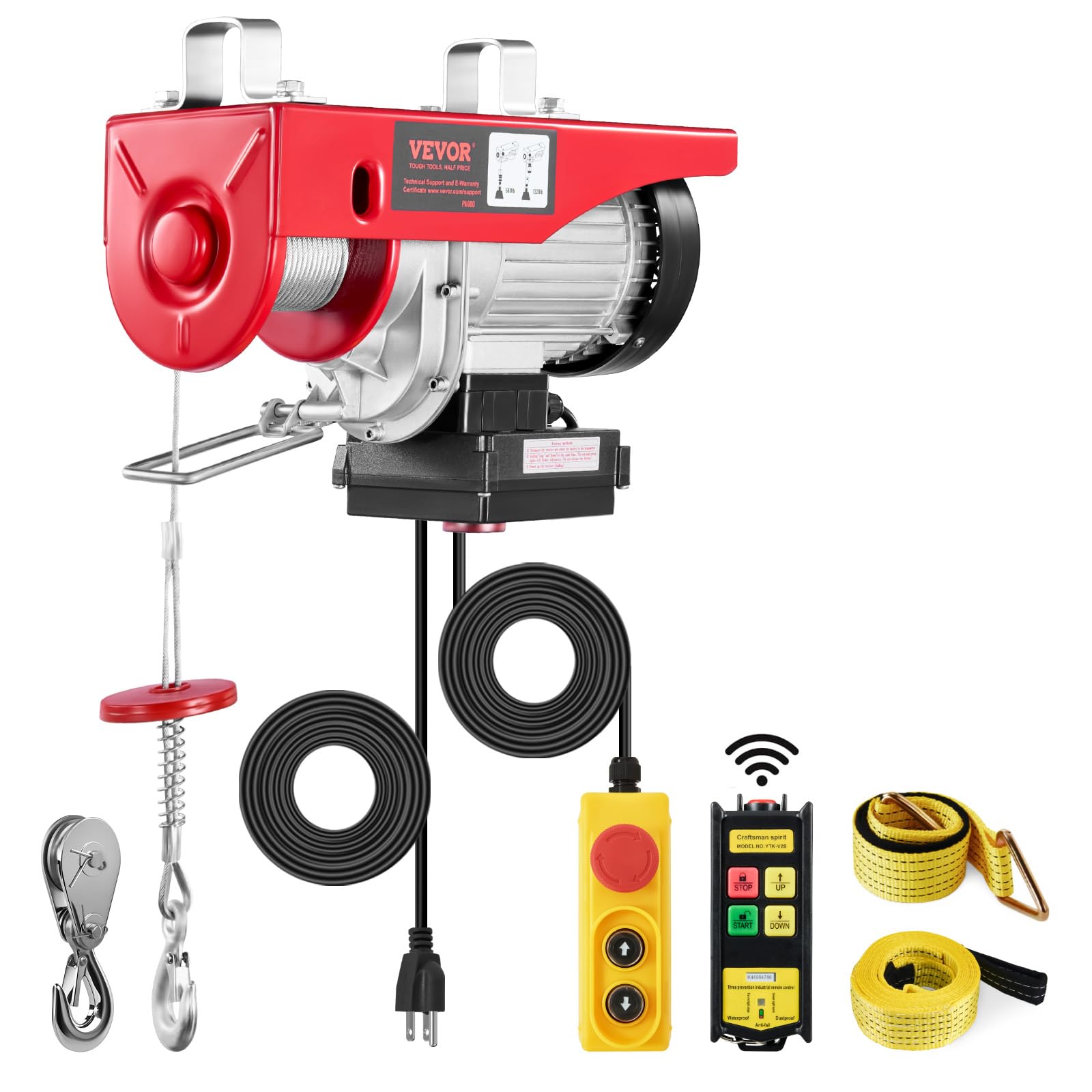 VEVOR Electric Hoist, 1320 lbs 120V Electric Winch with 328 ft Wireless & 14 ft Wired Remote Control, 40 ft Single Cable Lifting Height, Single/Double Slings, Lift Hoist for Garage Warehouse Factory