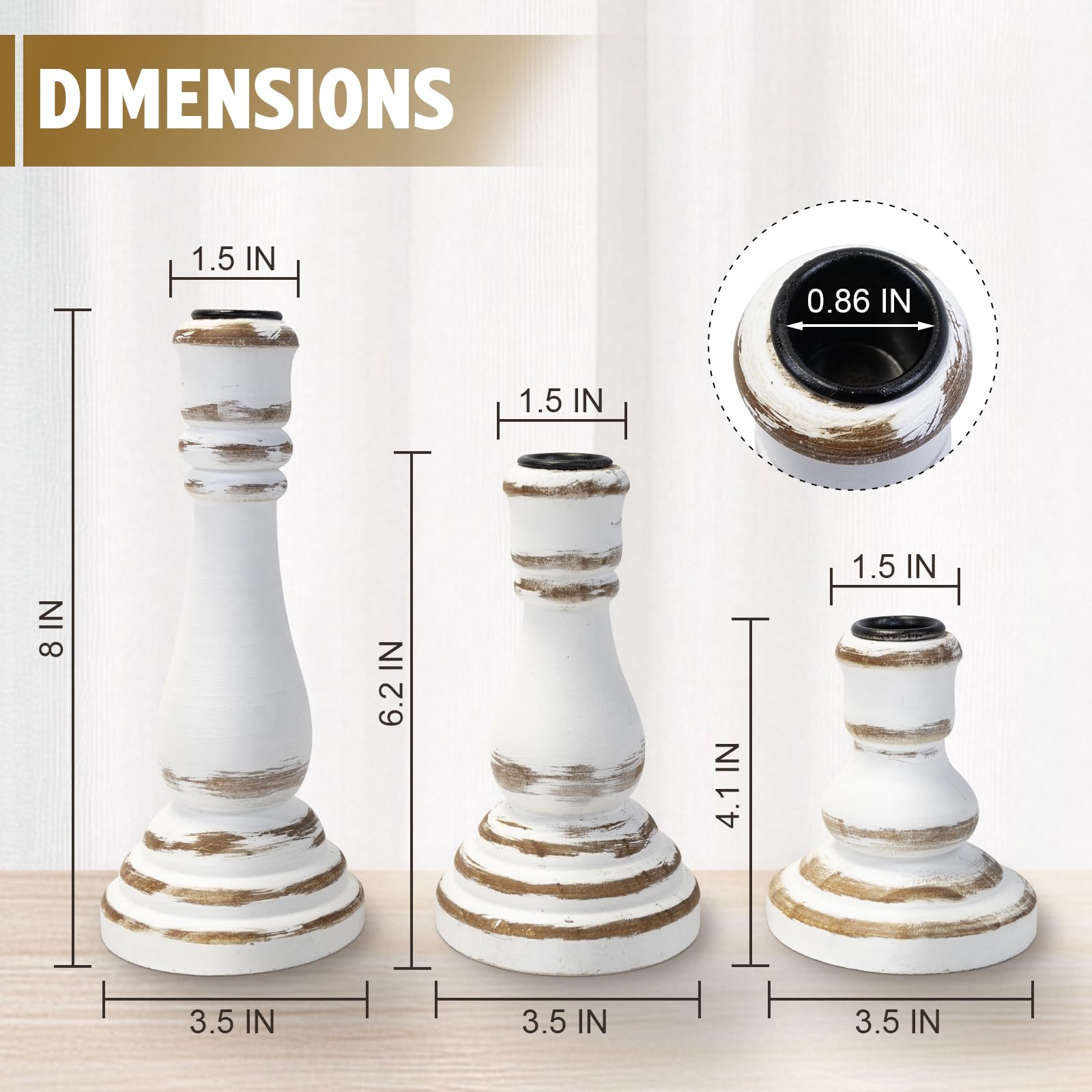 Taper Candle Holders Set of 3, Rustic Wooden Candlestick Holders, Farmhouse Wood Candle Stand, Vintage Candles Stick Tapered Holder for Living Room, Table Centerpiece (Vintage White)